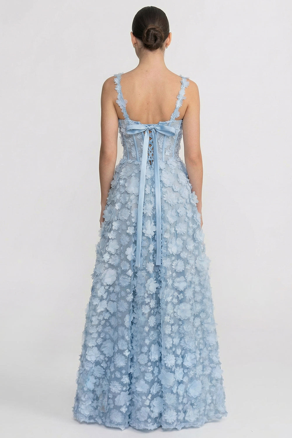 Abito Maxi con Applicazioni Floreali e Corpino con Corsetto - Blu