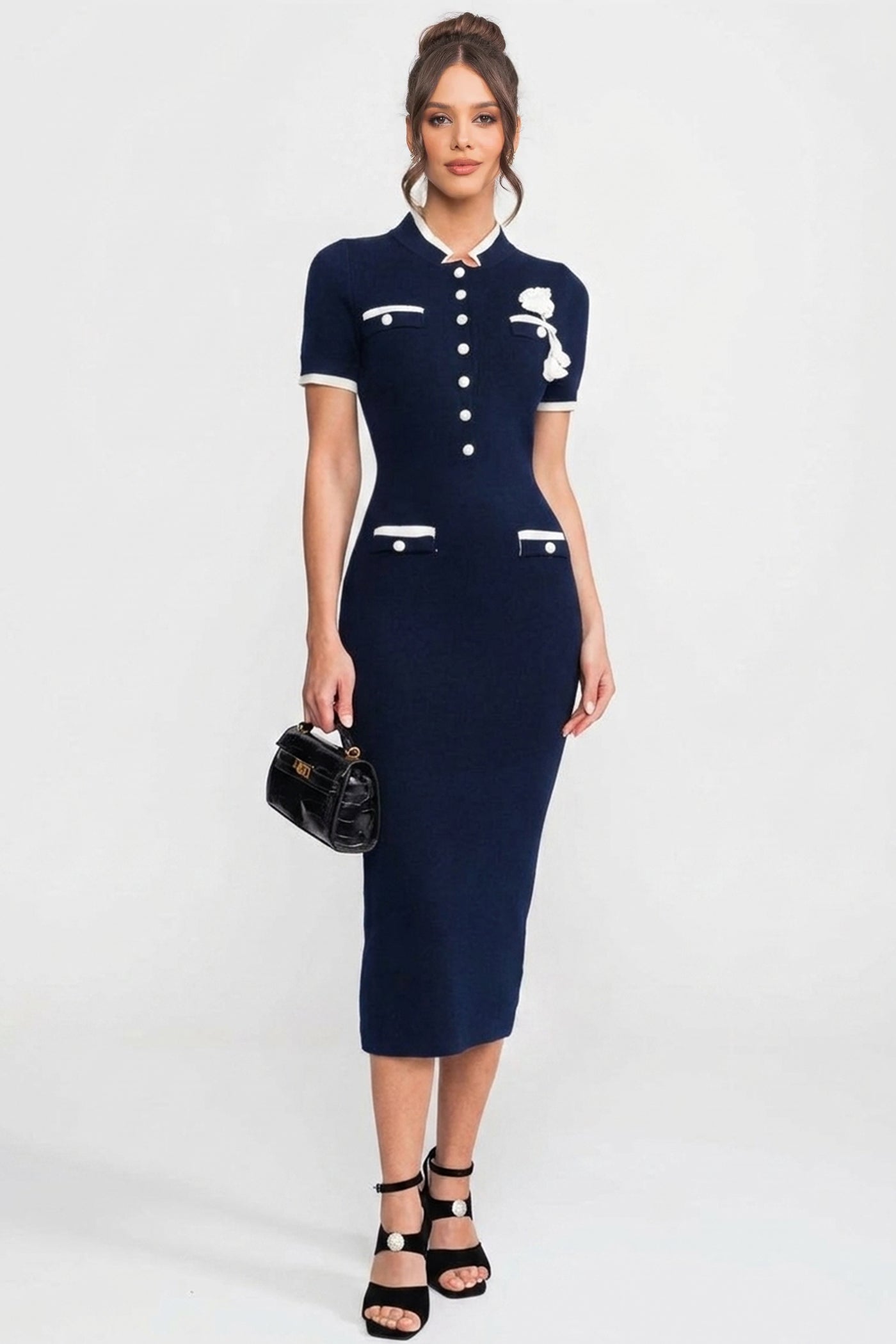 Abito Midi In Maglia A Coste Con პროფili A Contrasto E Tasche Decorative - Navy