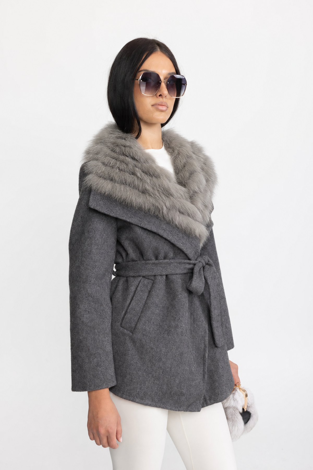 Wool Coat with Oversized Fur Collar And Belt - Gray