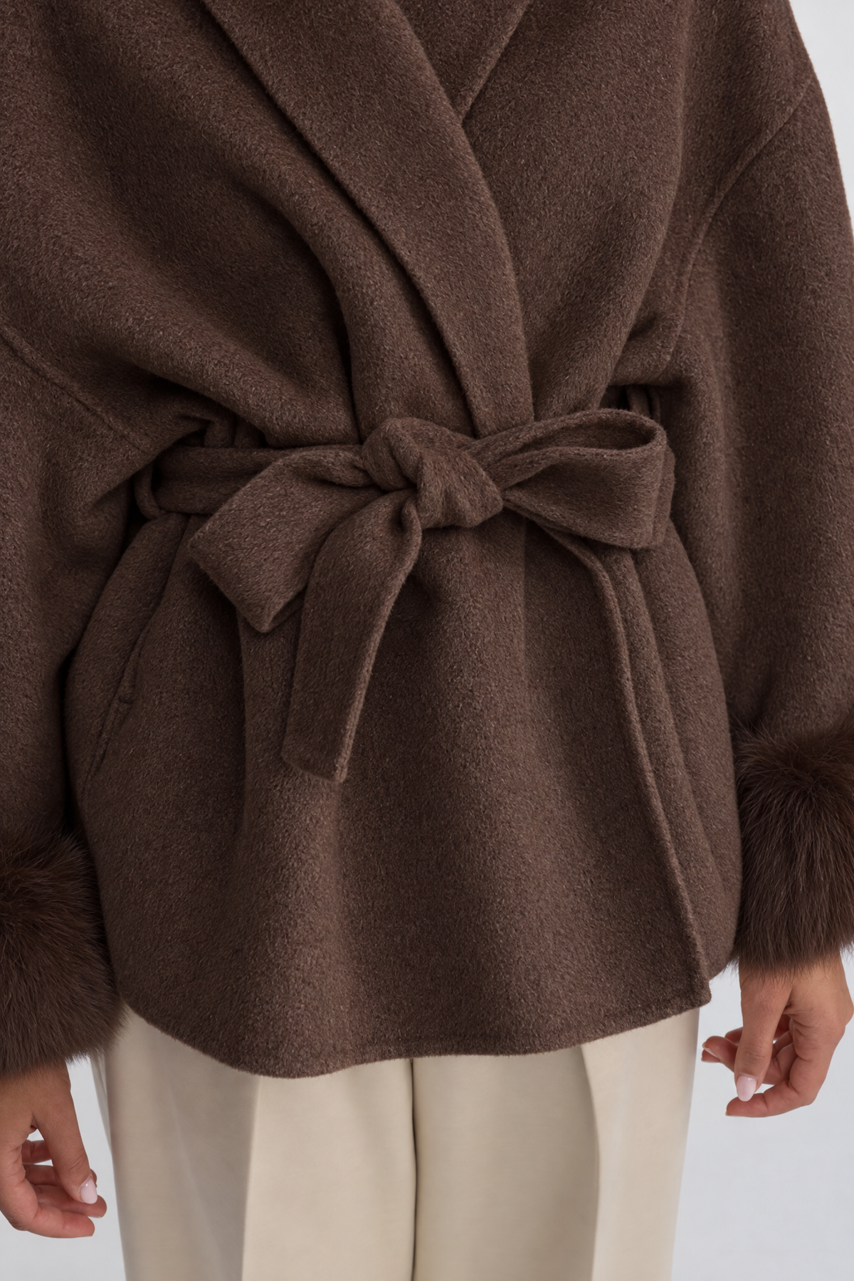 Wool Blend Wrap Jacket with Fox Fur Cuffs - Brown