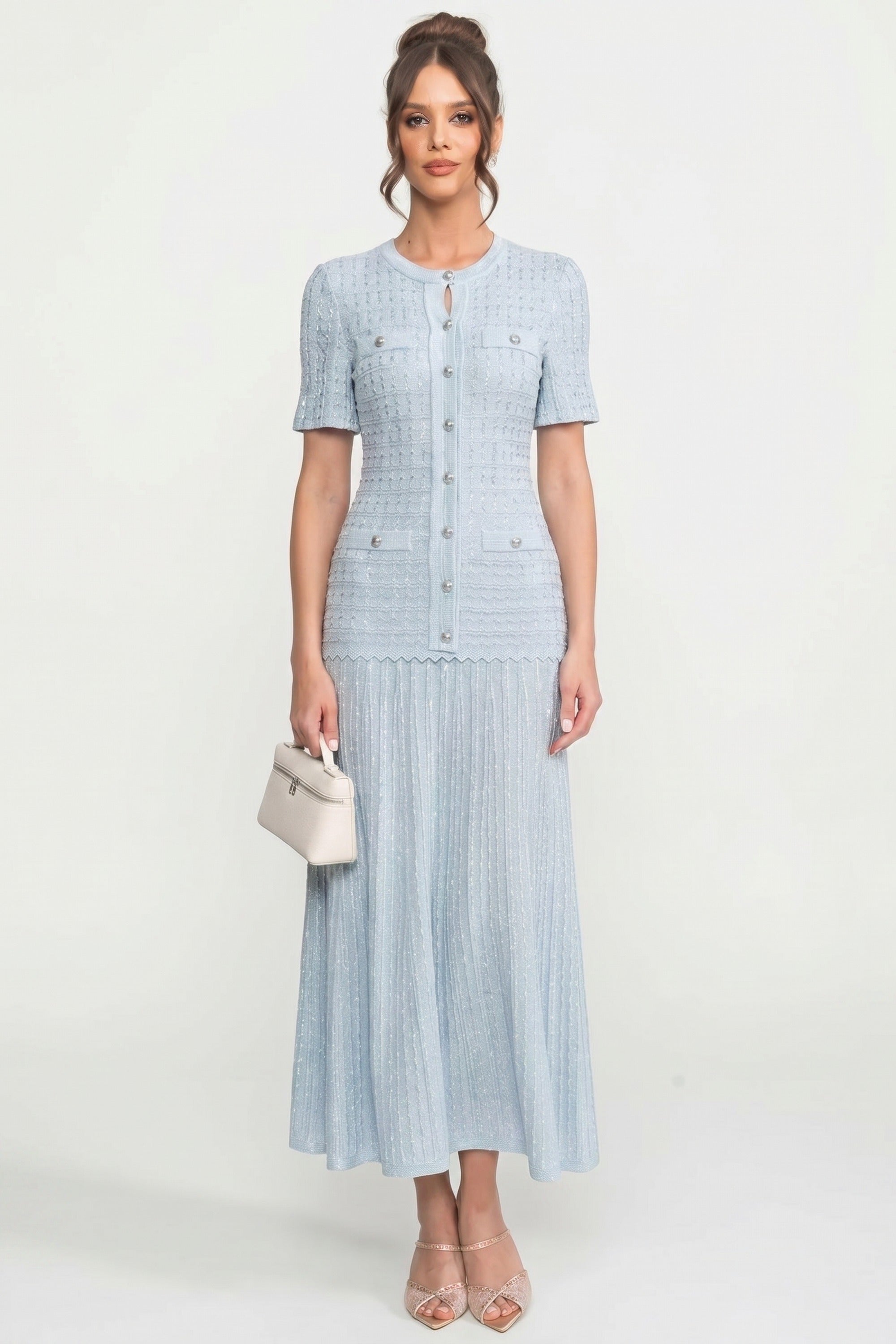 Abito Midi a Maniche Corte con Texture in Maglia Lucida - Light Blue