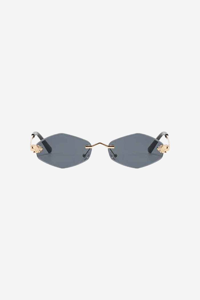 Rimless Hexagon Sunglasses with Gold Patterned Temples – Black