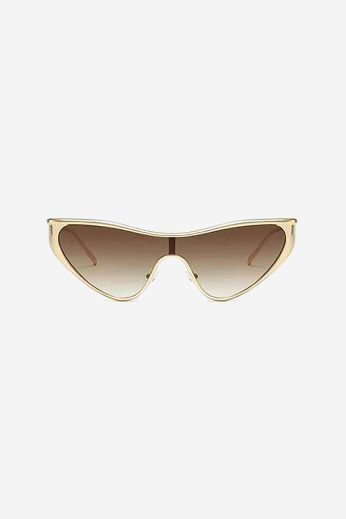 Futuristic Cat-Eye Shield Sunglasses with Gold Frame – Brown