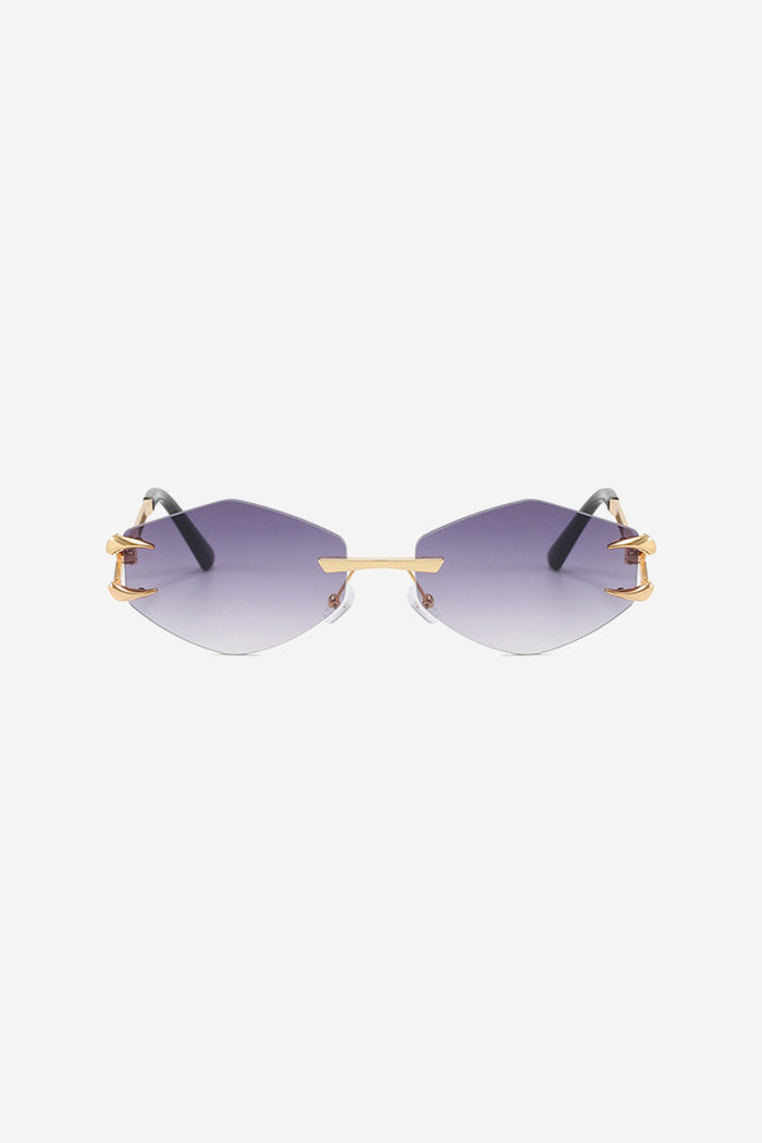 Rimless Geometric Sunglasses with Spiked Gold Temples – Purple