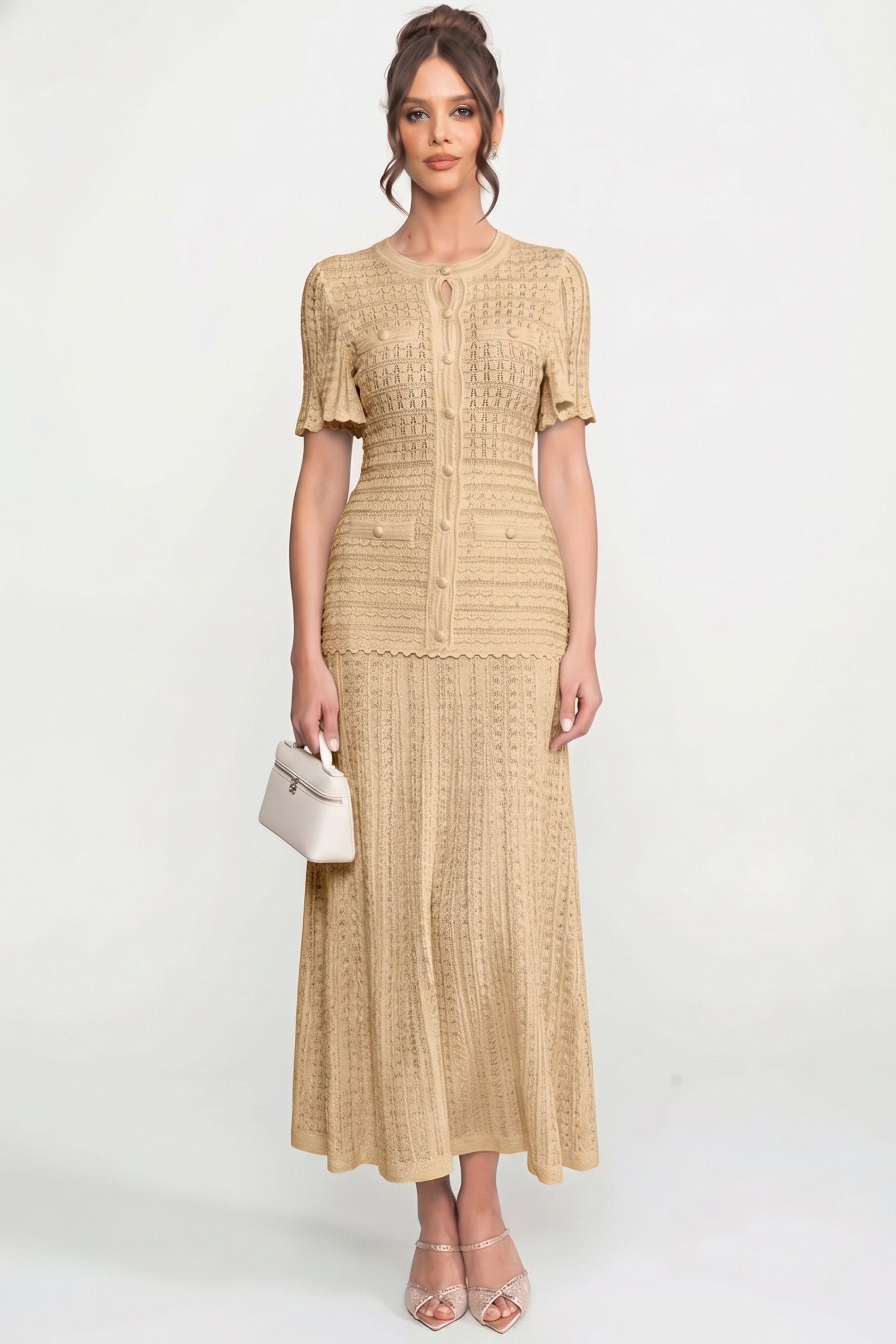Abito midi a maniche corte con texture in maglia shimmer - Beige