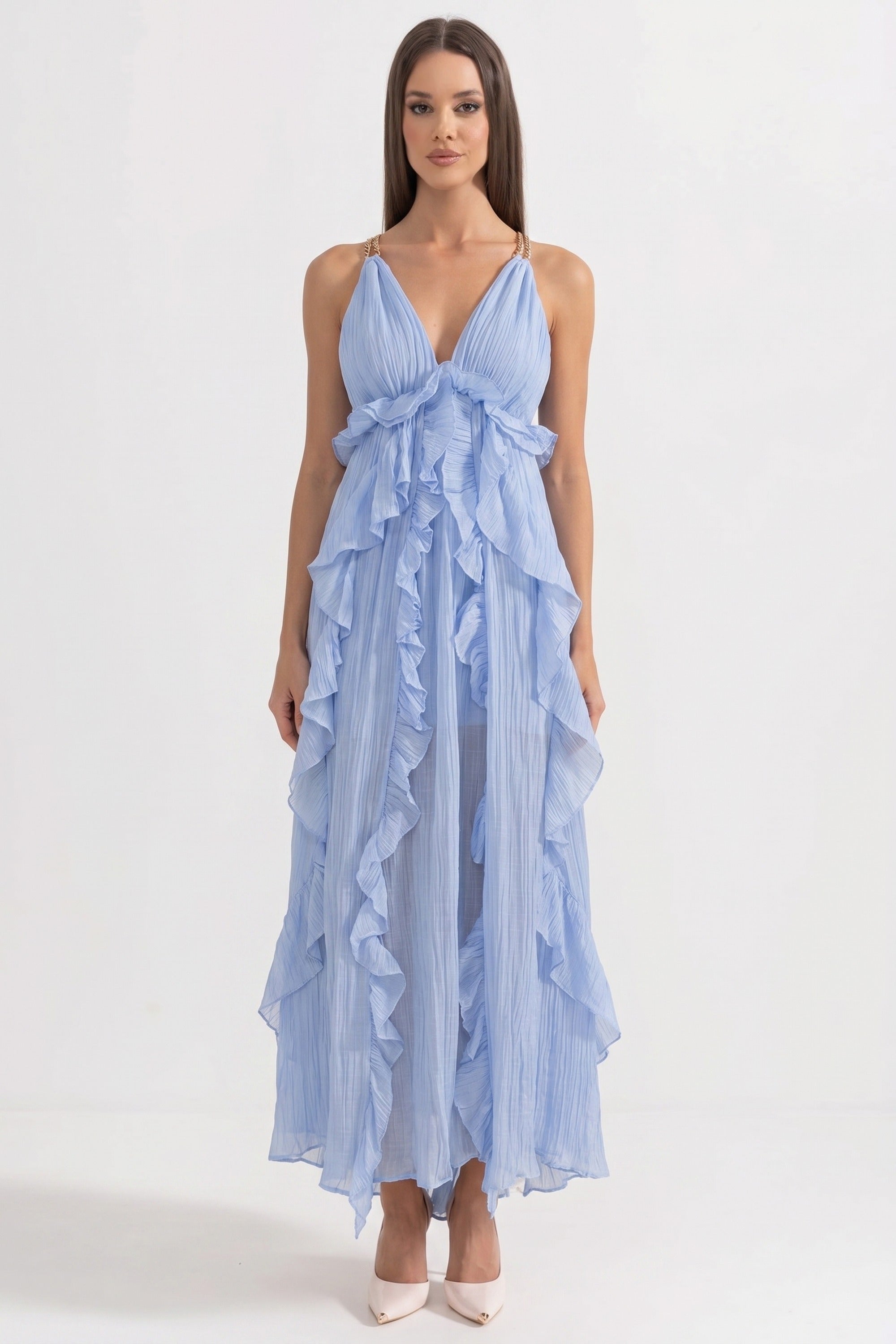 Abito Maxi con Scollo a V Profondo e Volant con Balze Asimmetriche Cascanti - Blu