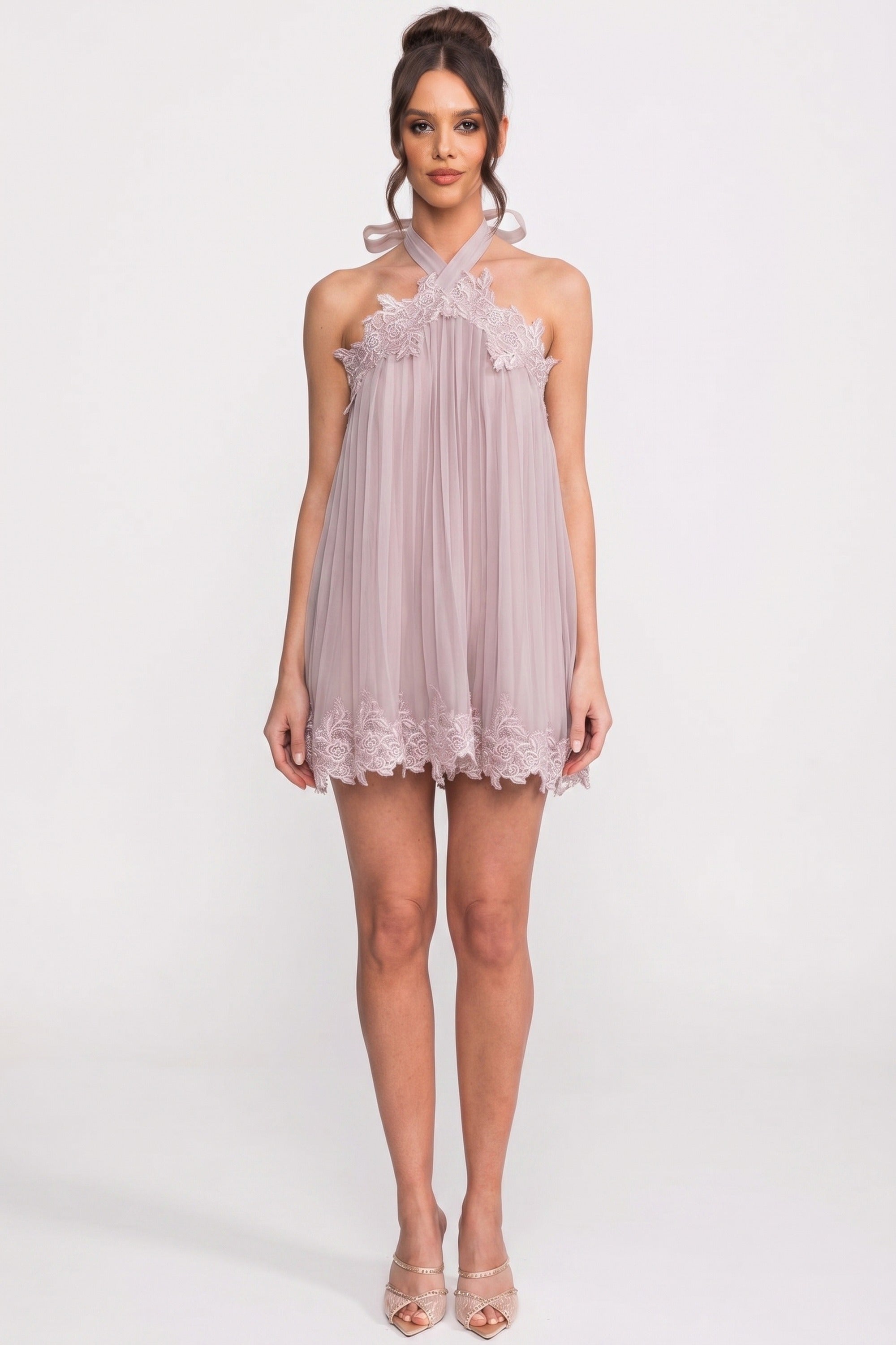 Mini abito in chiffon con scollo halter e orlo in pizzo - Rosa