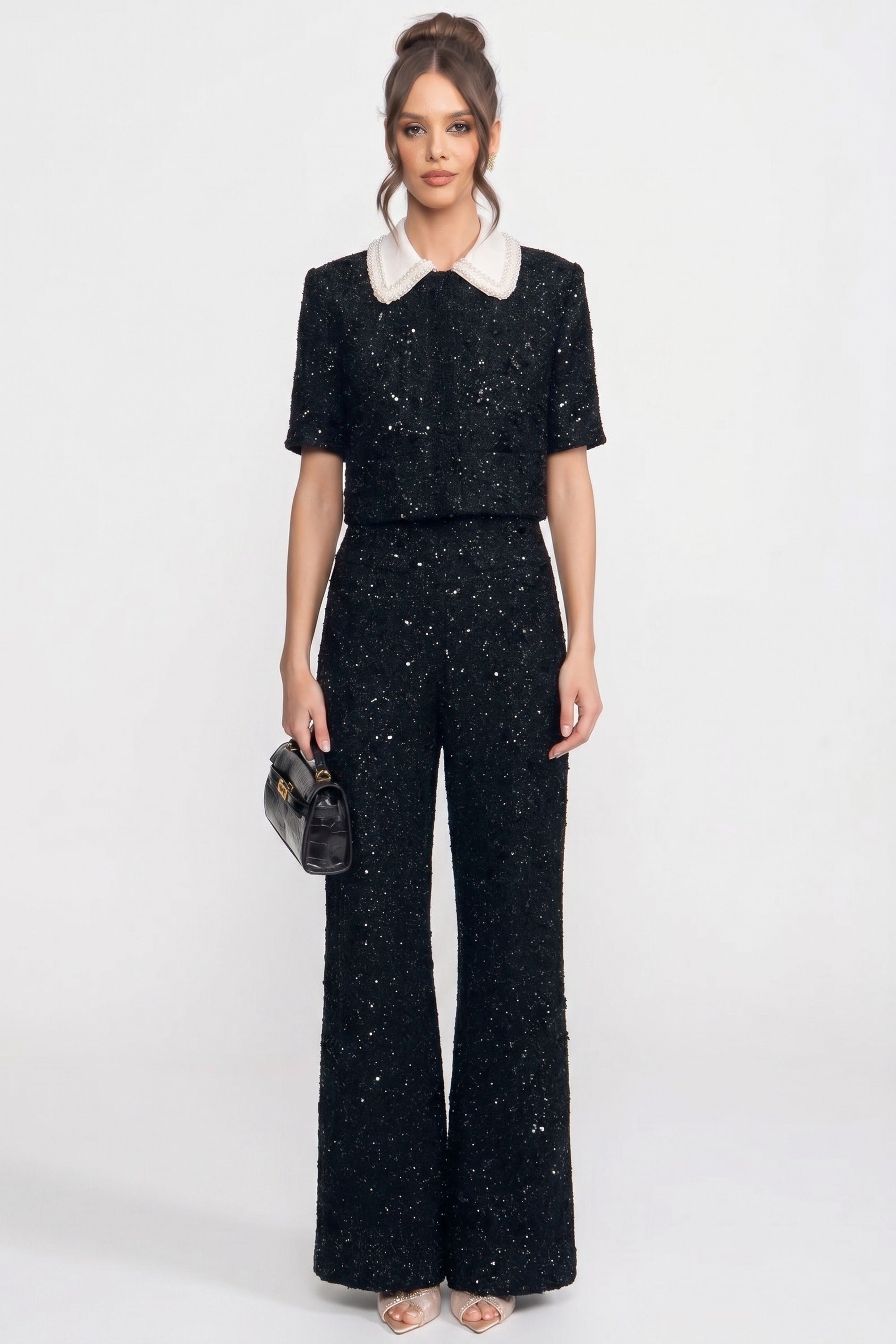 Giacca cropped in tweed a maniche corte con colletto a contrasto e dettaglio di paillettes - Nero