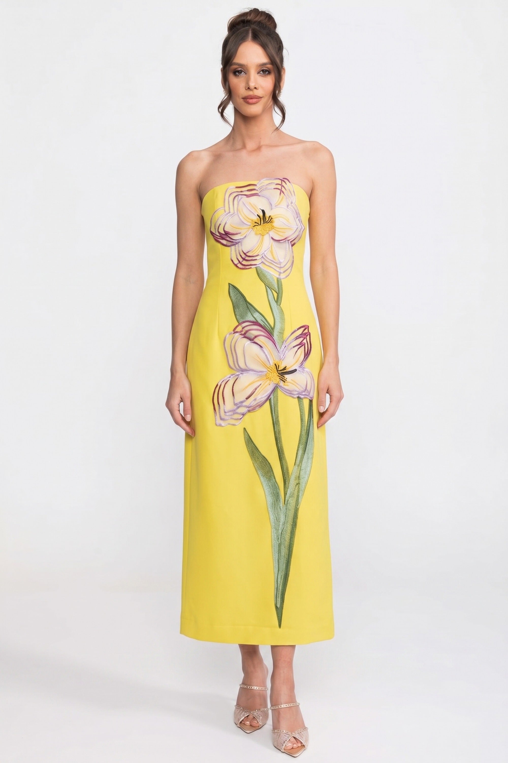Strapless Floral-Print Maxi Dress With Column Silhouette - Yellow