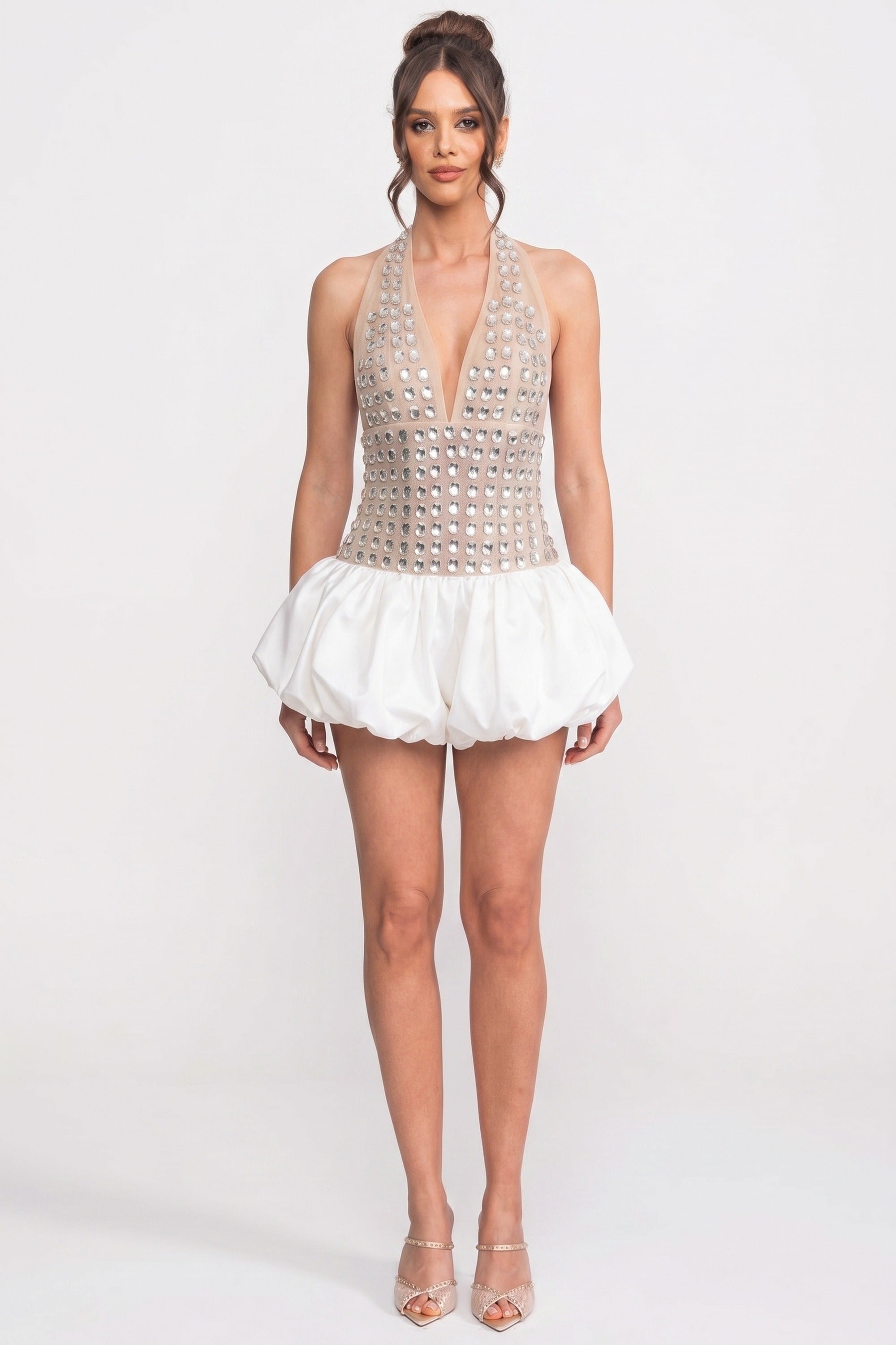 Crystal-Embellished Halter Mini Dress With Bubble Skirt - White