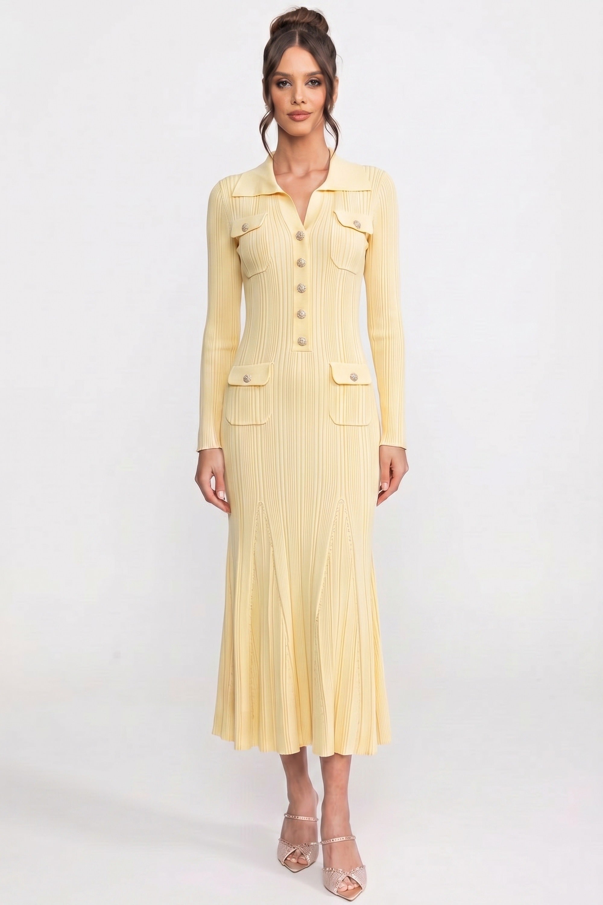 Long-Sleeve Button-Front Knit Maxi Dress With Patch Pockets - Yellow