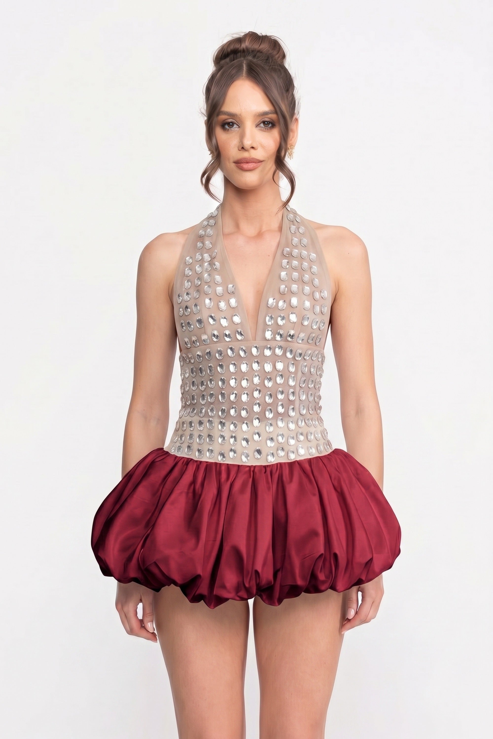 Abito Mini Halter con Gonna a Palloncino e Decorazioni in Cristalli - Rosso