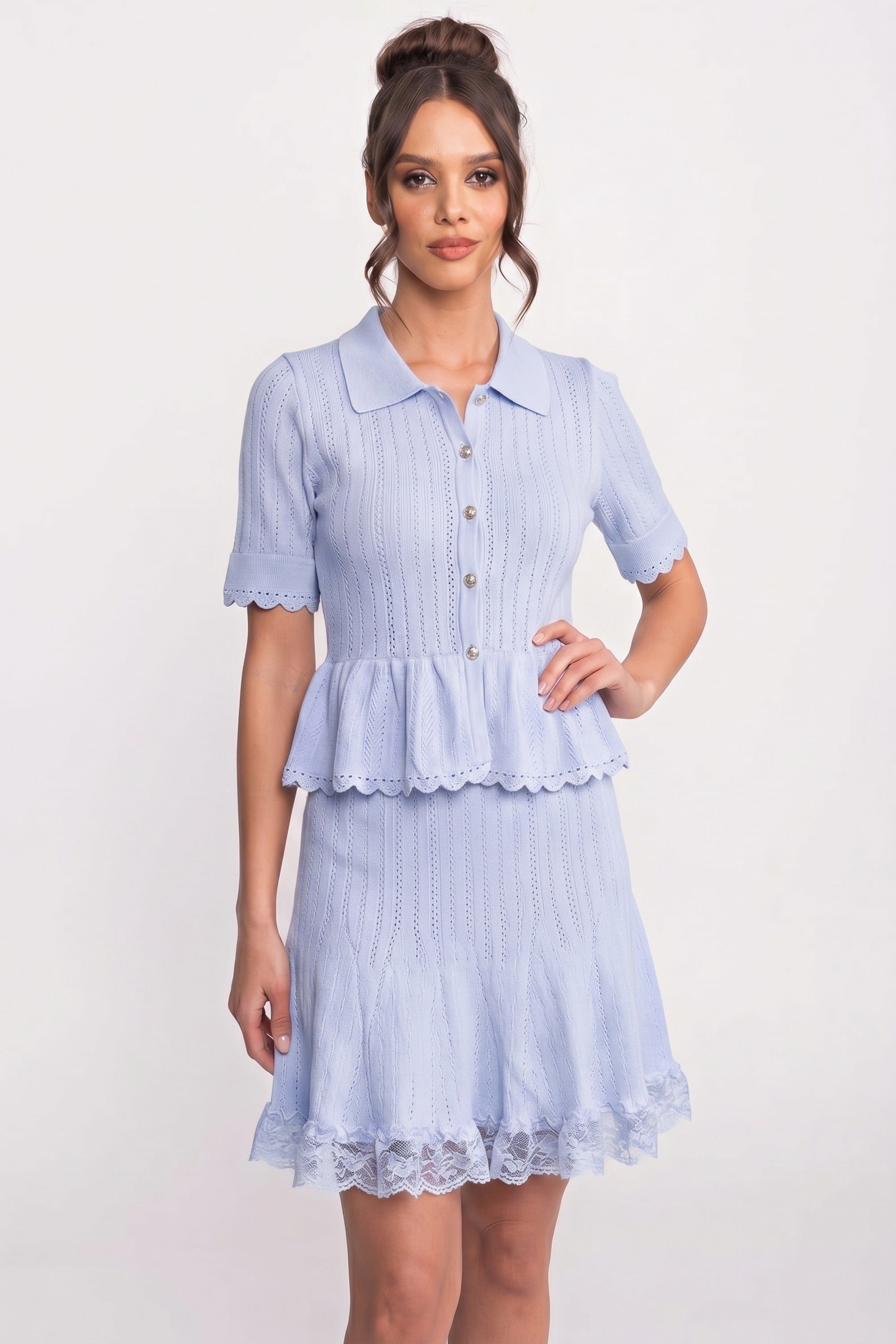 Polo-Collar Mini Dress With Button Top, Peplum Waist And Lace Hem - Blue