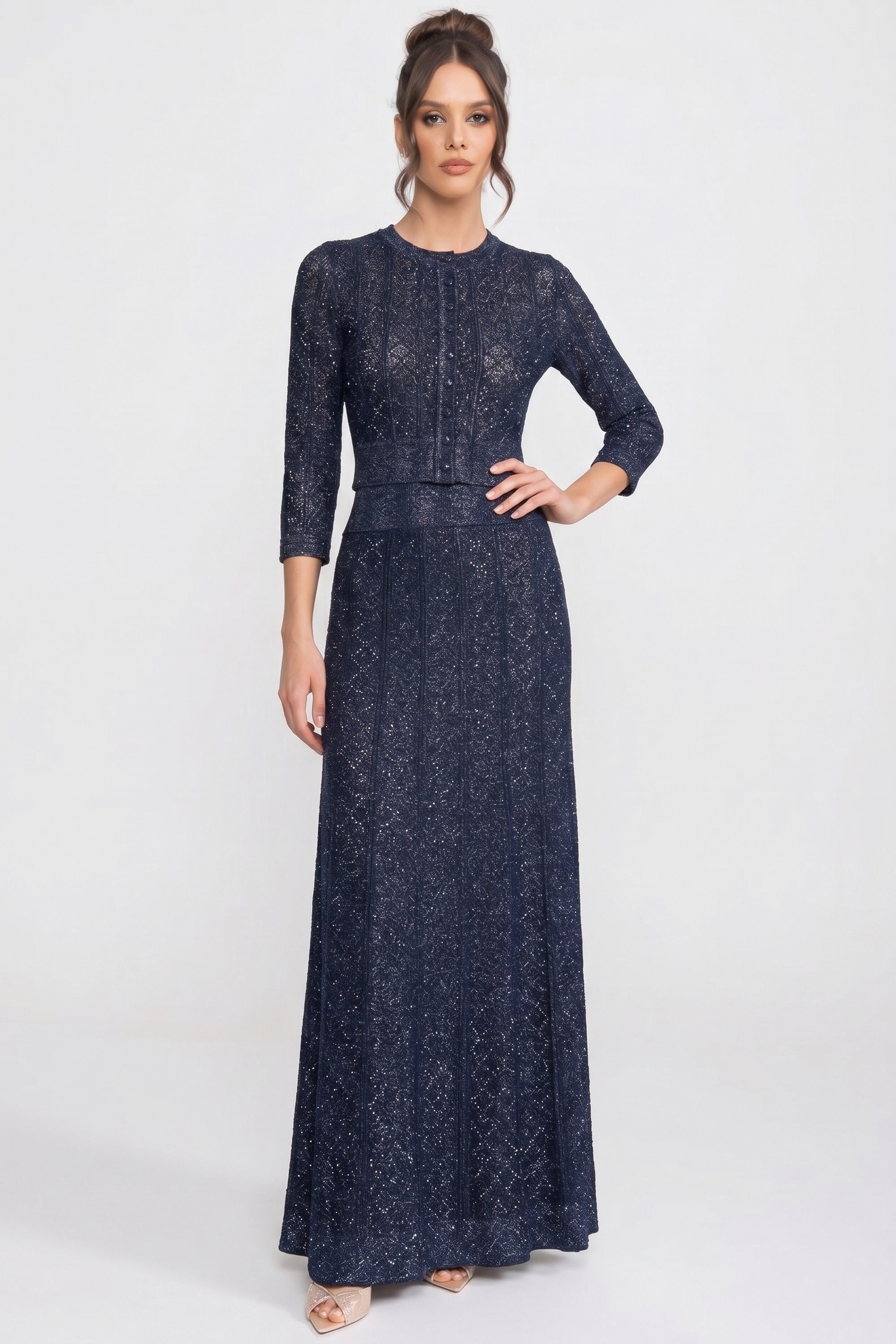Coordinato in pizzo con motivo a ромbi, maniche lunghe e gonna maxi - Navy