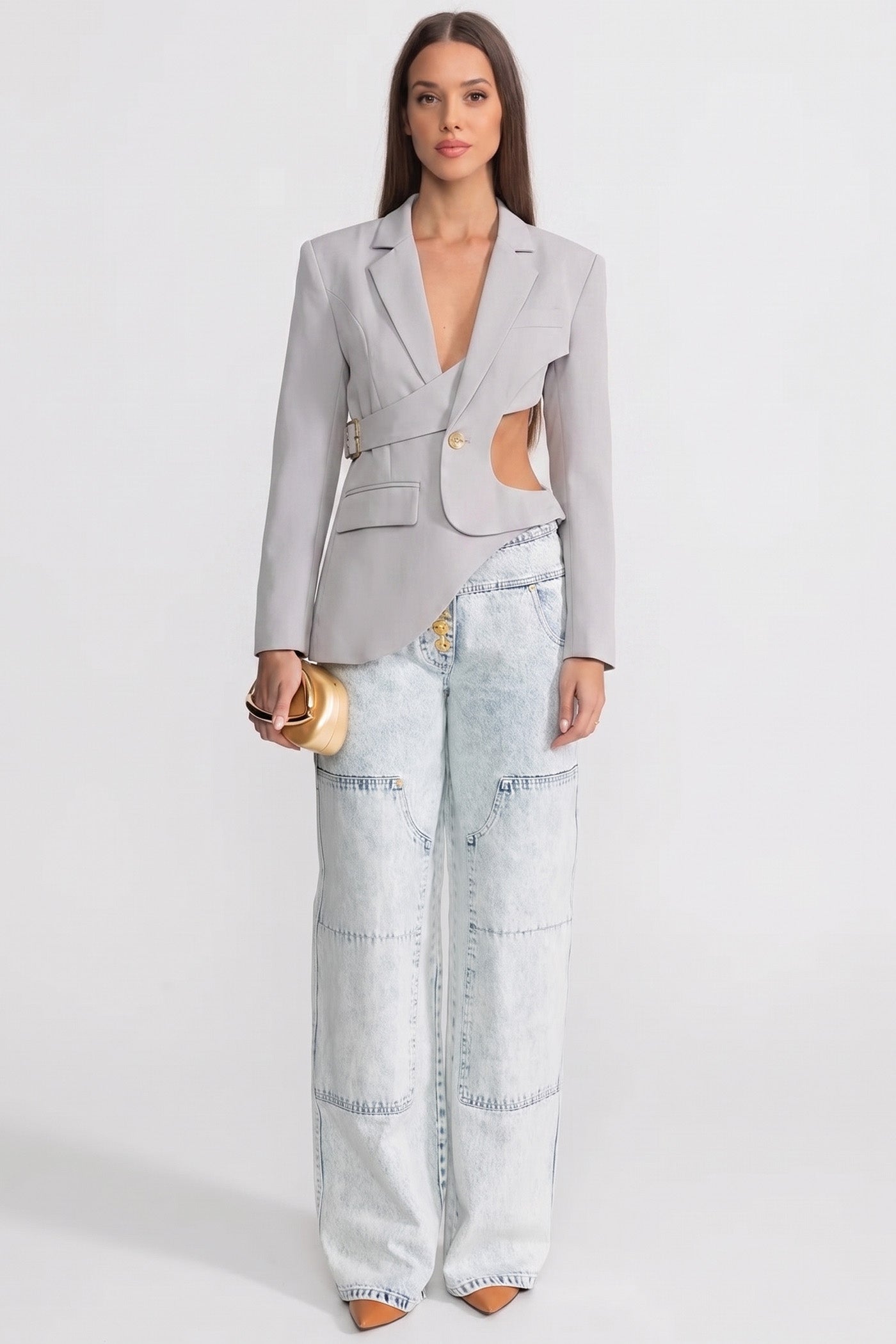 Blazer asimmetrico con cut-out e dettaglio cintura - Grigio chiaro