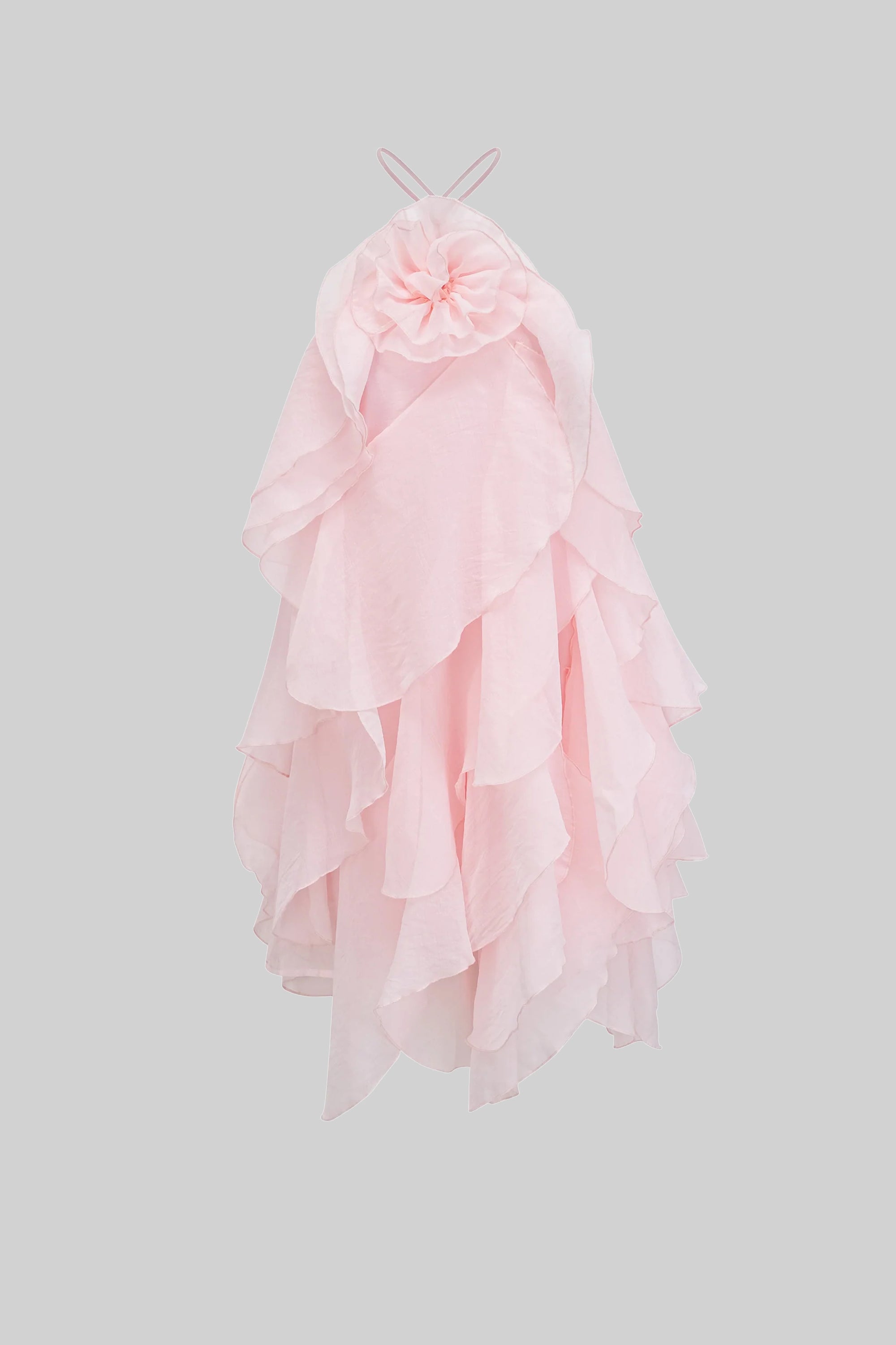 Abito Mini con Volant a Strati e Collo Allacciato con Fiori 3D - Rosa