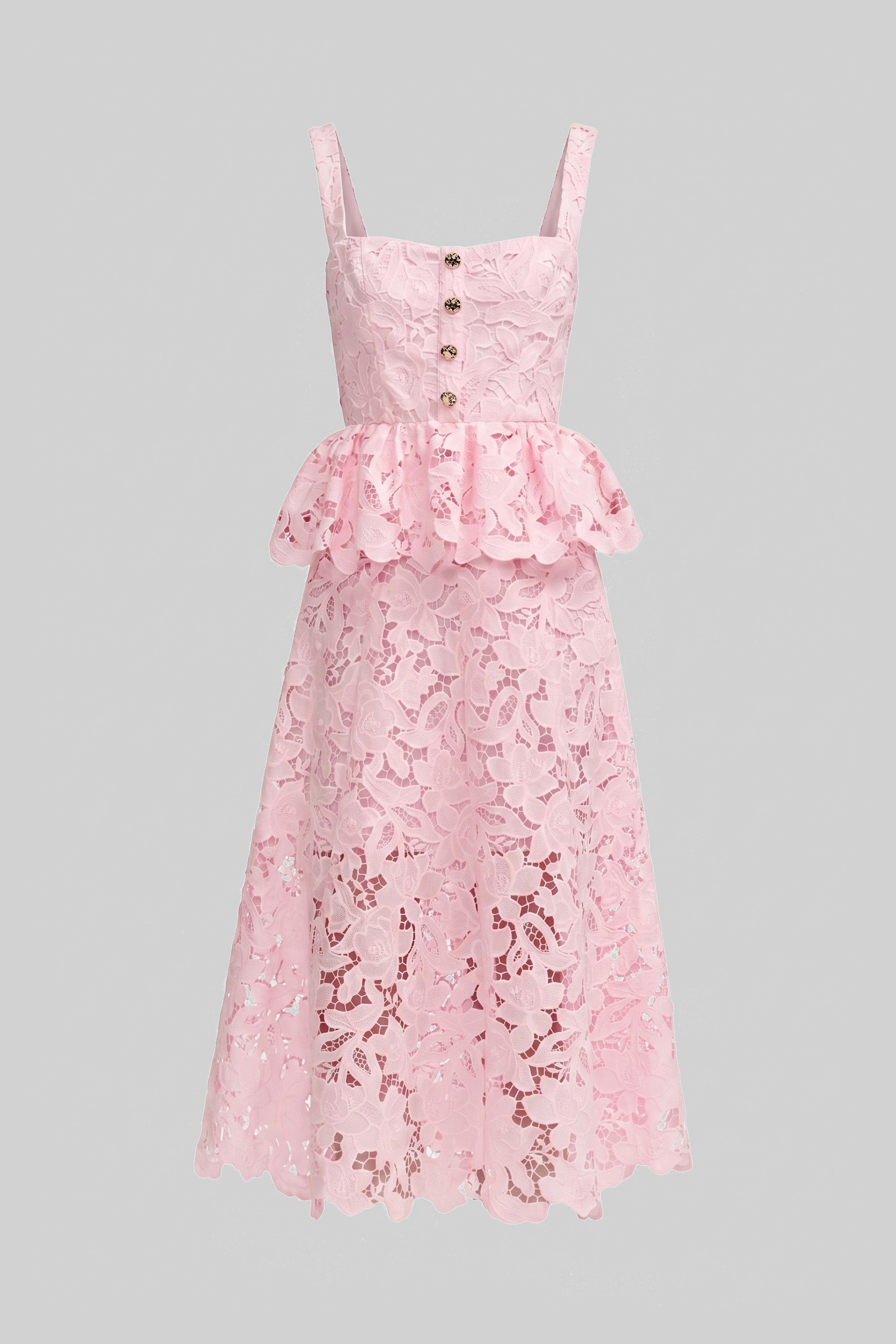 Abito senza maniche in pizzo con peplum, gonna midi e bottoni dorati - Rosa