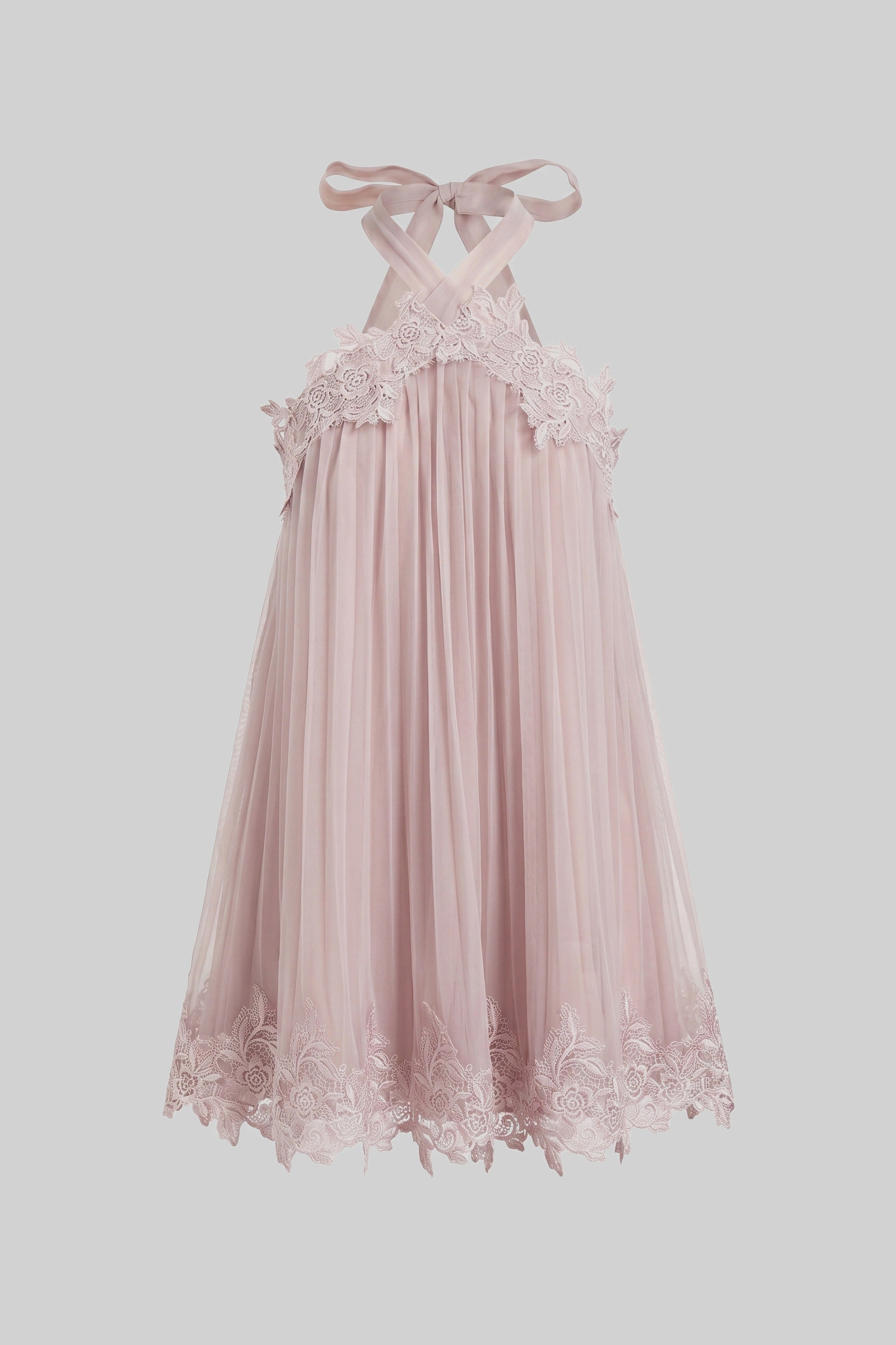 Mini abito in chiffon con scollo halter e orlo in pizzo - Rosa