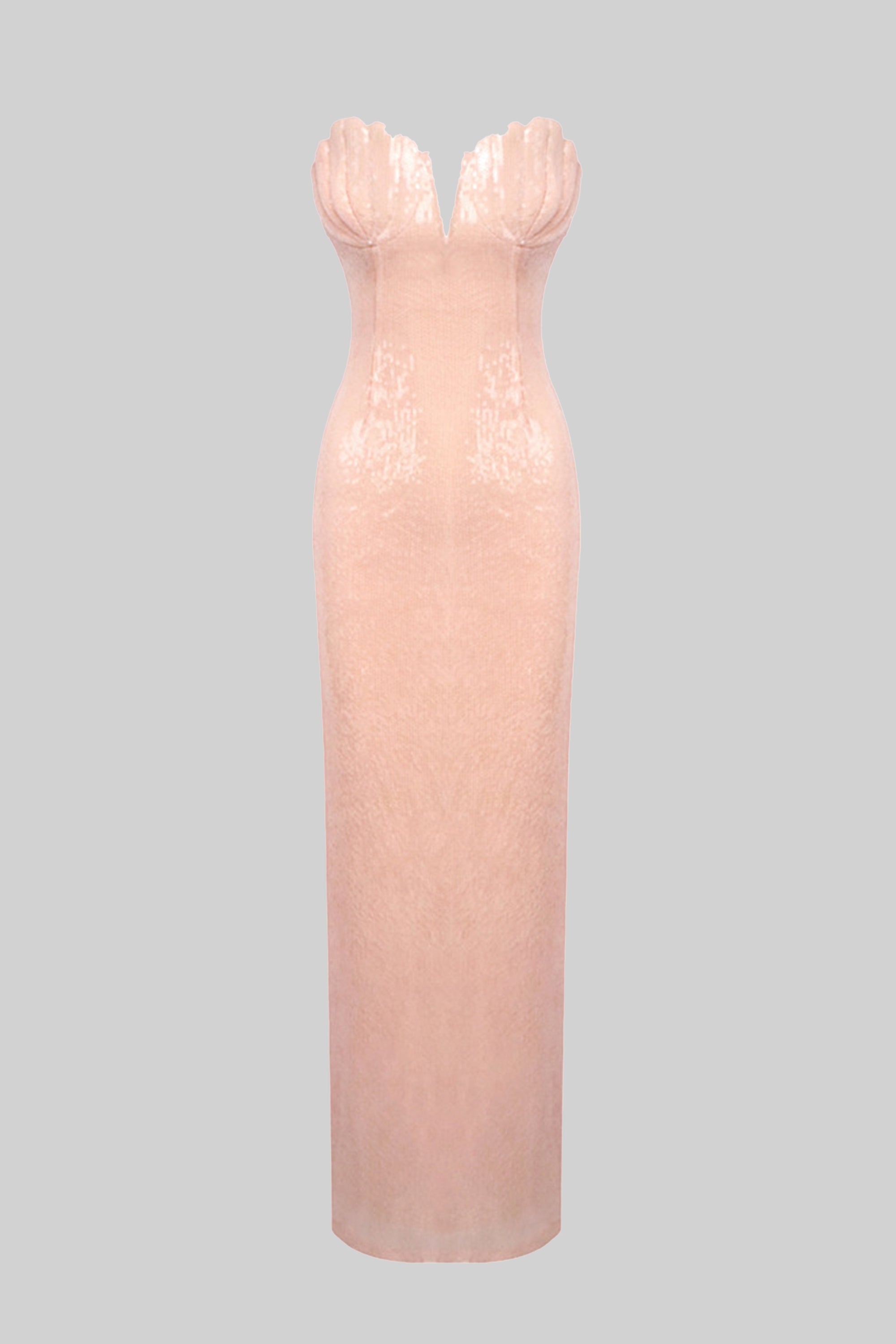 Abito lungo a sirena senza spalline con paillettes, scollo a cuore e spacco posteriore - Blush