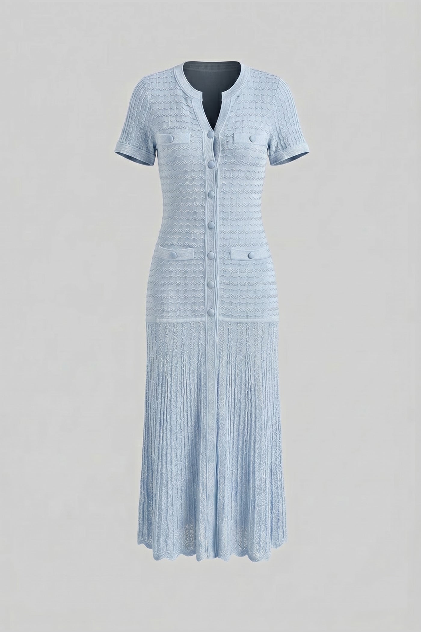 Abito Midi a Maniche Corte con Texture in Maglia Lucida - Light Blue