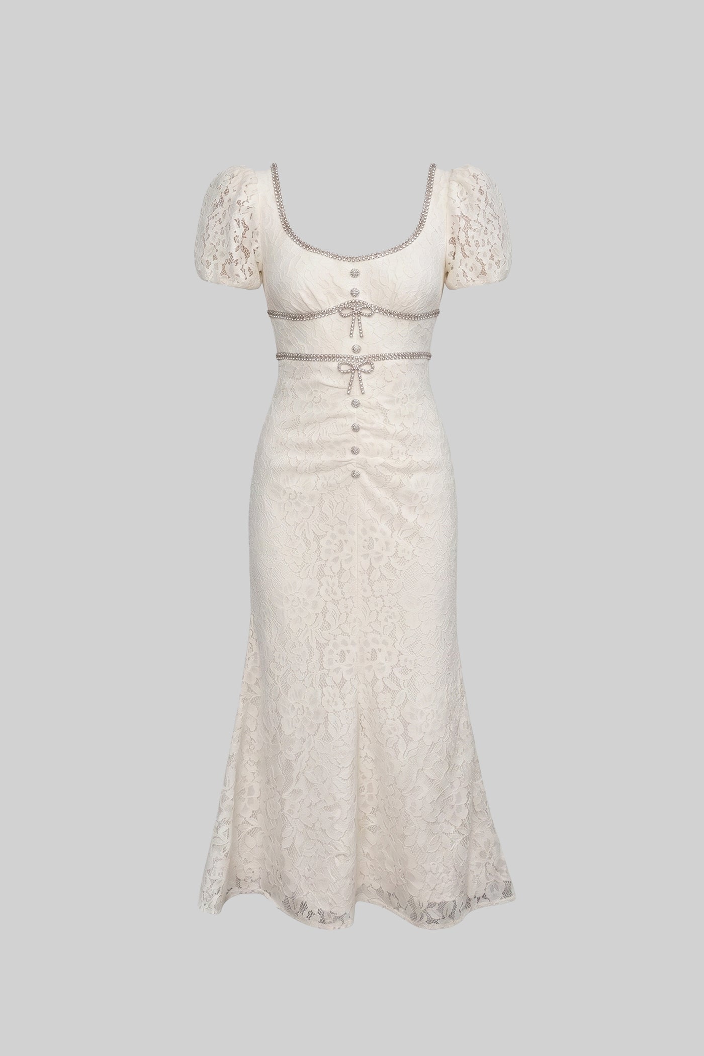 Short Sleeved Lace Dress With Short Puff Sleeves And Scoop Neckline - Ivoire