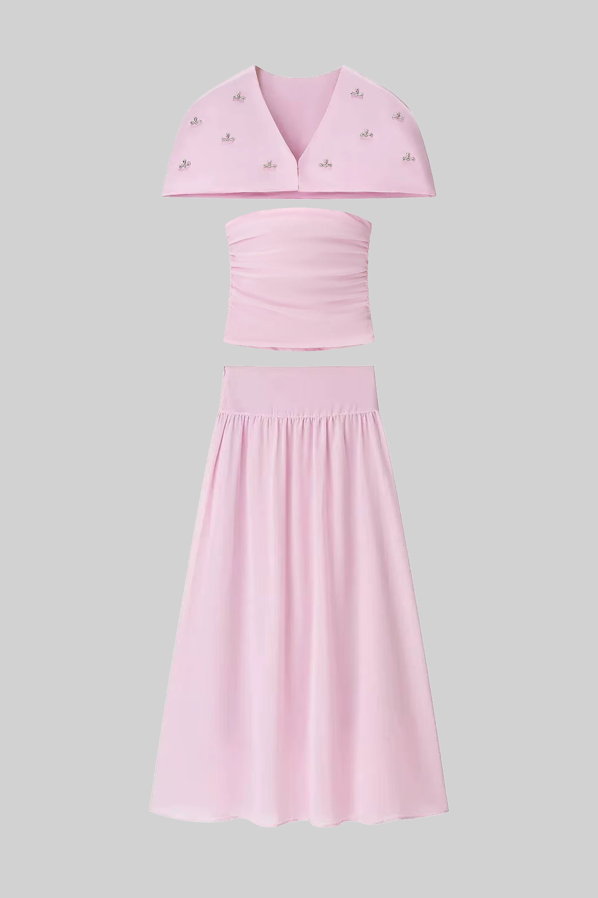 Set coordinato in 3 pezzi con top arricciato, mantella removibile e gonna maxi - Pink