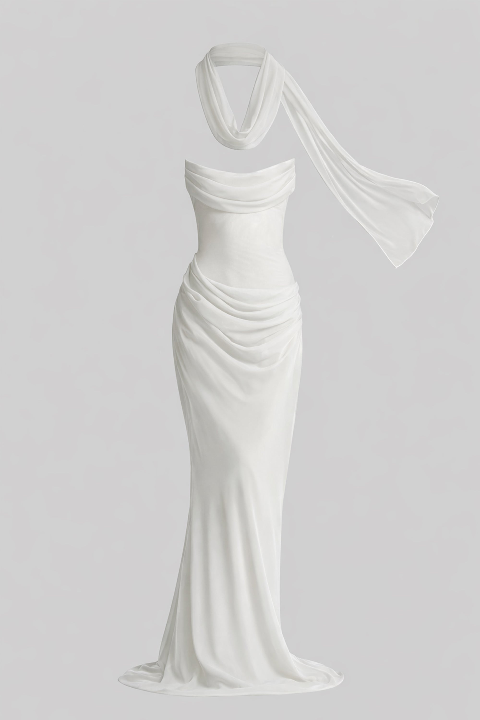 Abito lungo drappeggiato senza spalline con scollo a cascata e foulard trasparente - Bianco