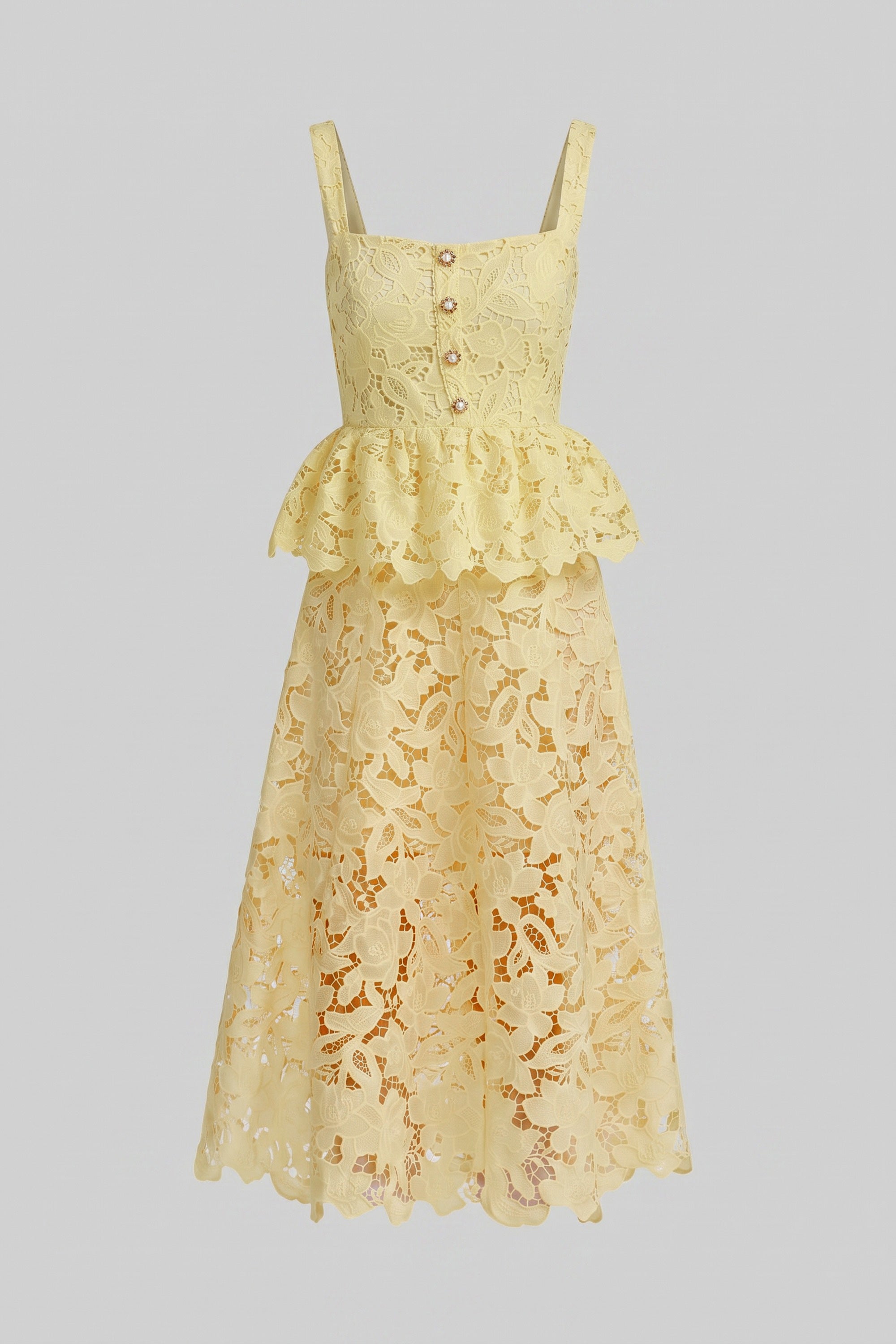 Abito senza maniche in pizzo con peplum, gonna midi e bottoni dorati - Giallo