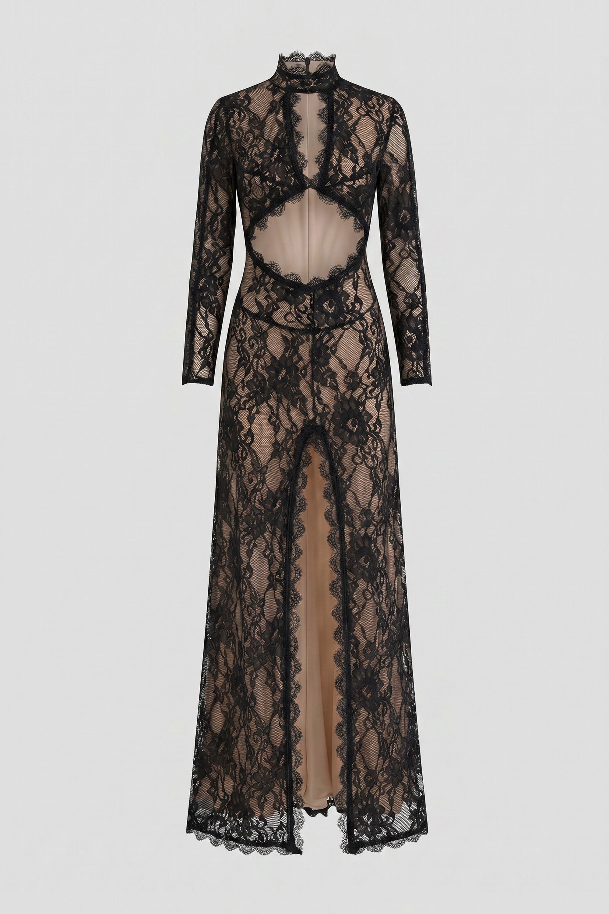 Elegante abito in pizzo con collo alto, cut-out frontale e spacco - Nero