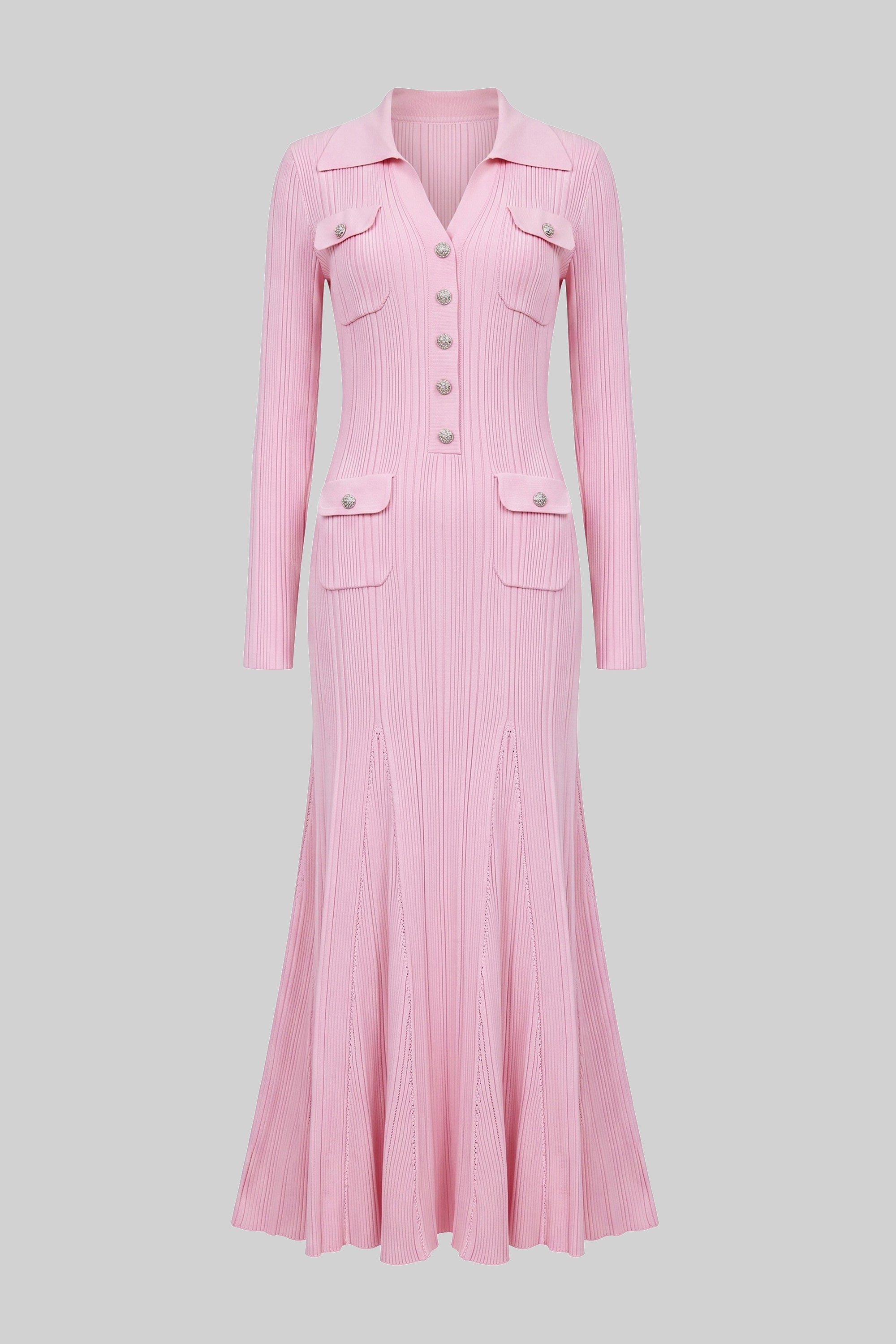 Long-Sleeve Button-Front Knit Maxi Dress With Patch Pockets - Pink