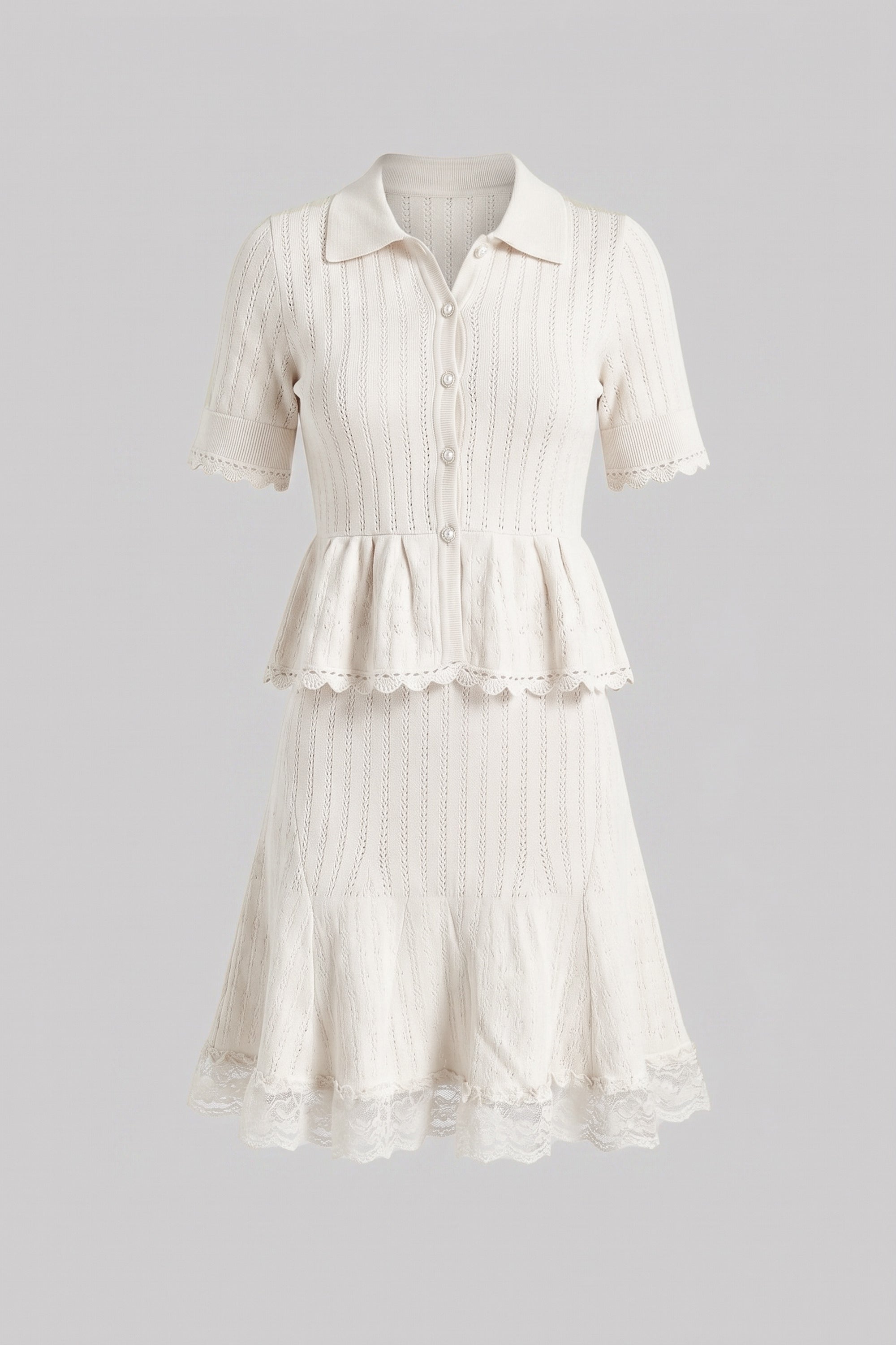 Polo-Collar Mini Dress With Button Top, Peplum Waist And Lace Hem - White