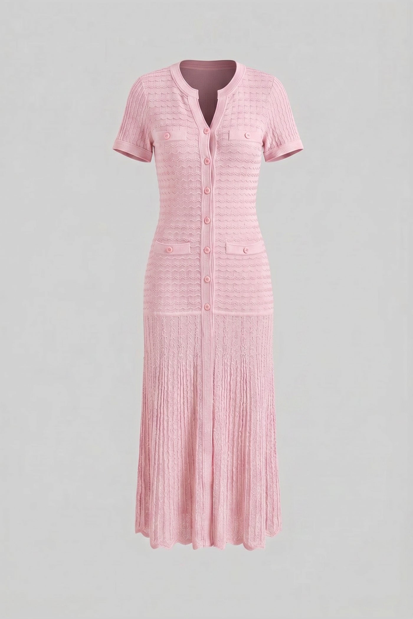 Short Sleeve Midi Dress With Shimmer Knit Texture - Pink