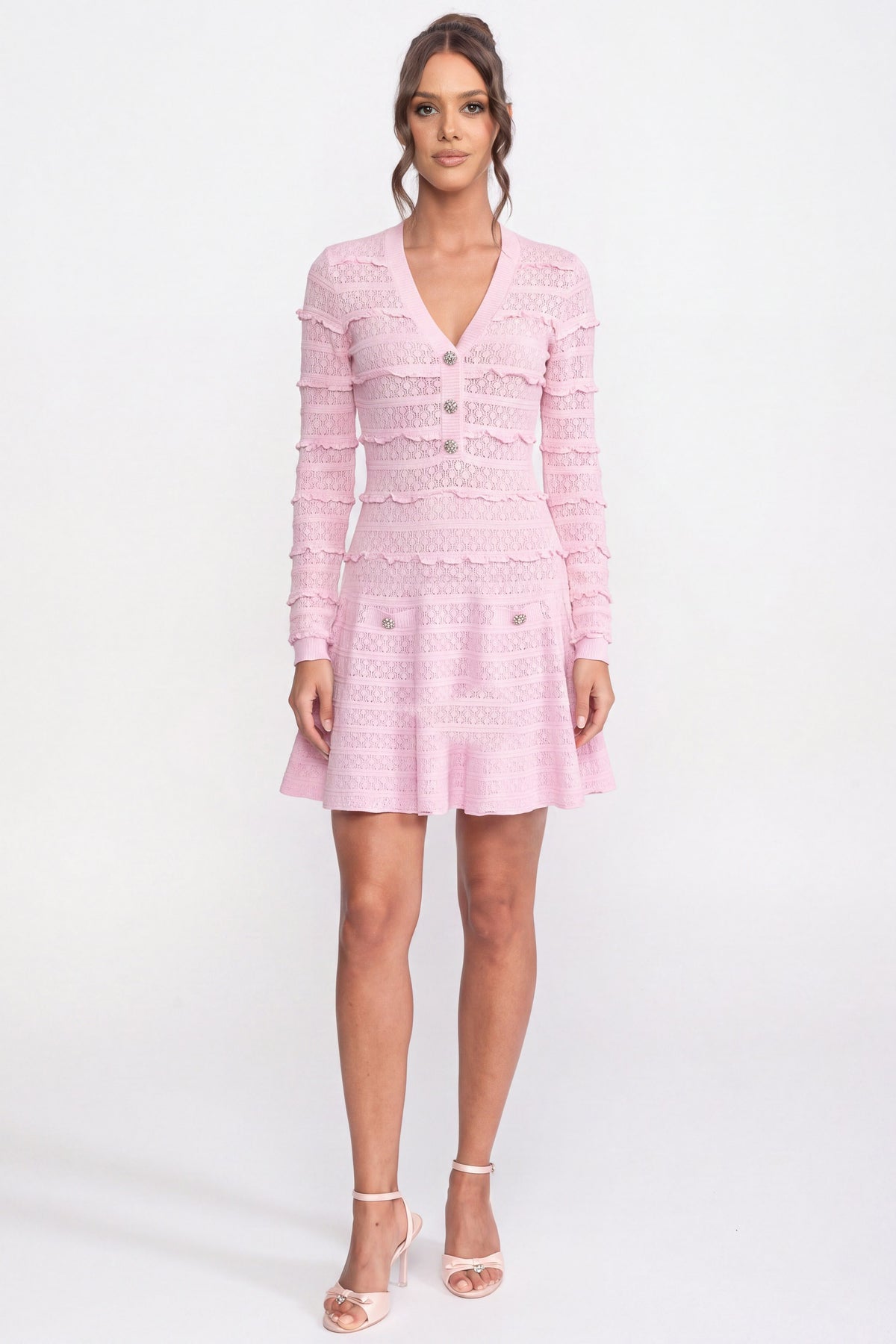 Button Front Knit Fit And Flare Dress With Crystal Buttons - Pink