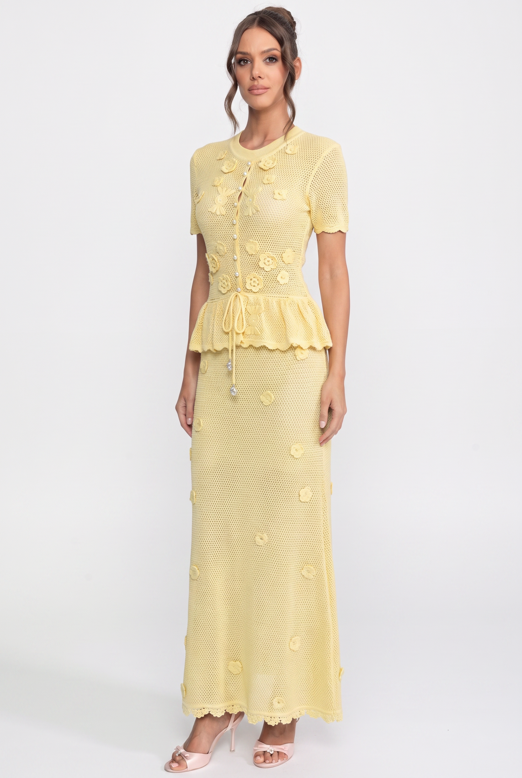 Abito Maxi Peplum in Crochet Floreale con Vita con Coulisse - Giallo