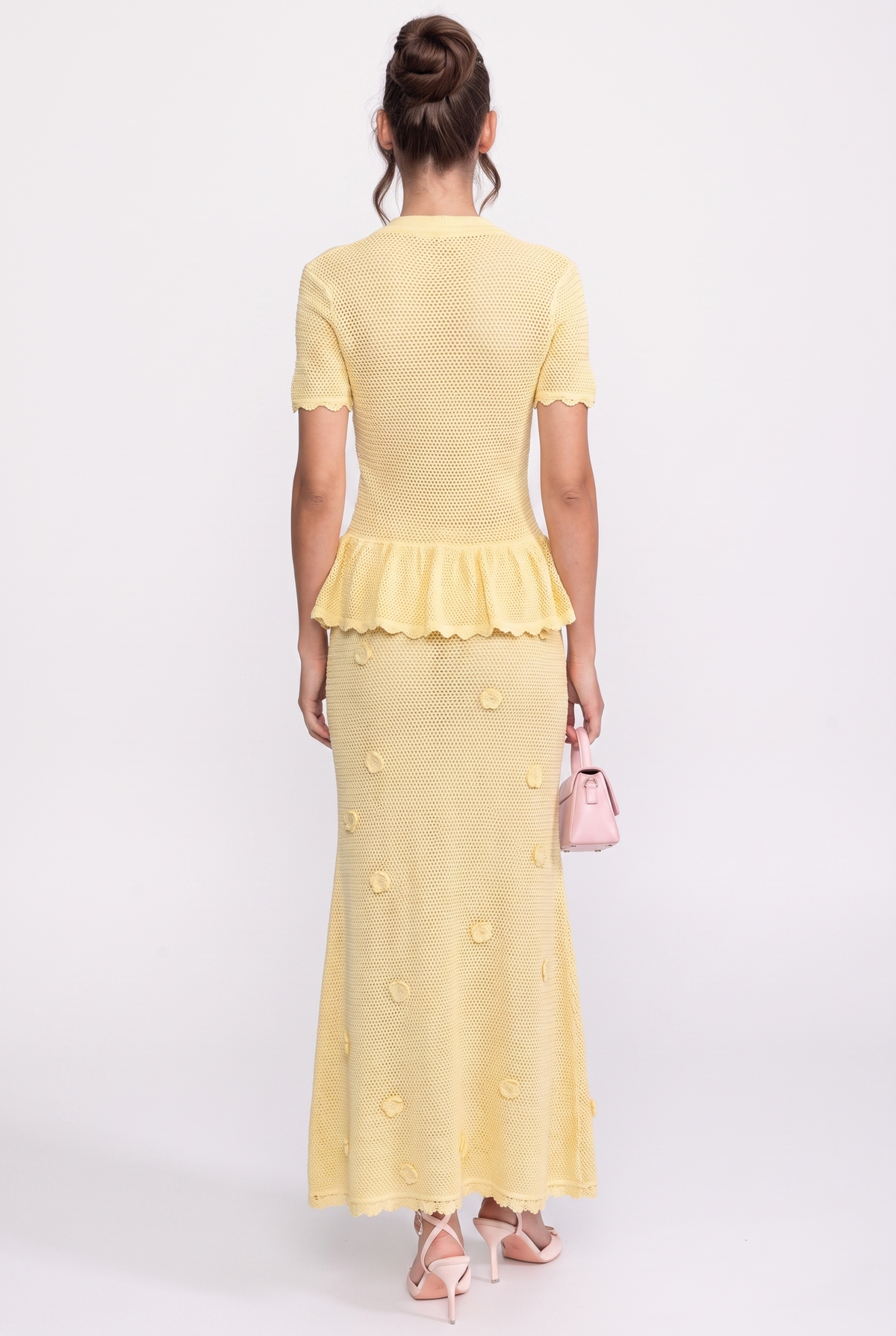 Abito Maxi Peplum in Crochet Floreale con Vita con Coulisse - Giallo