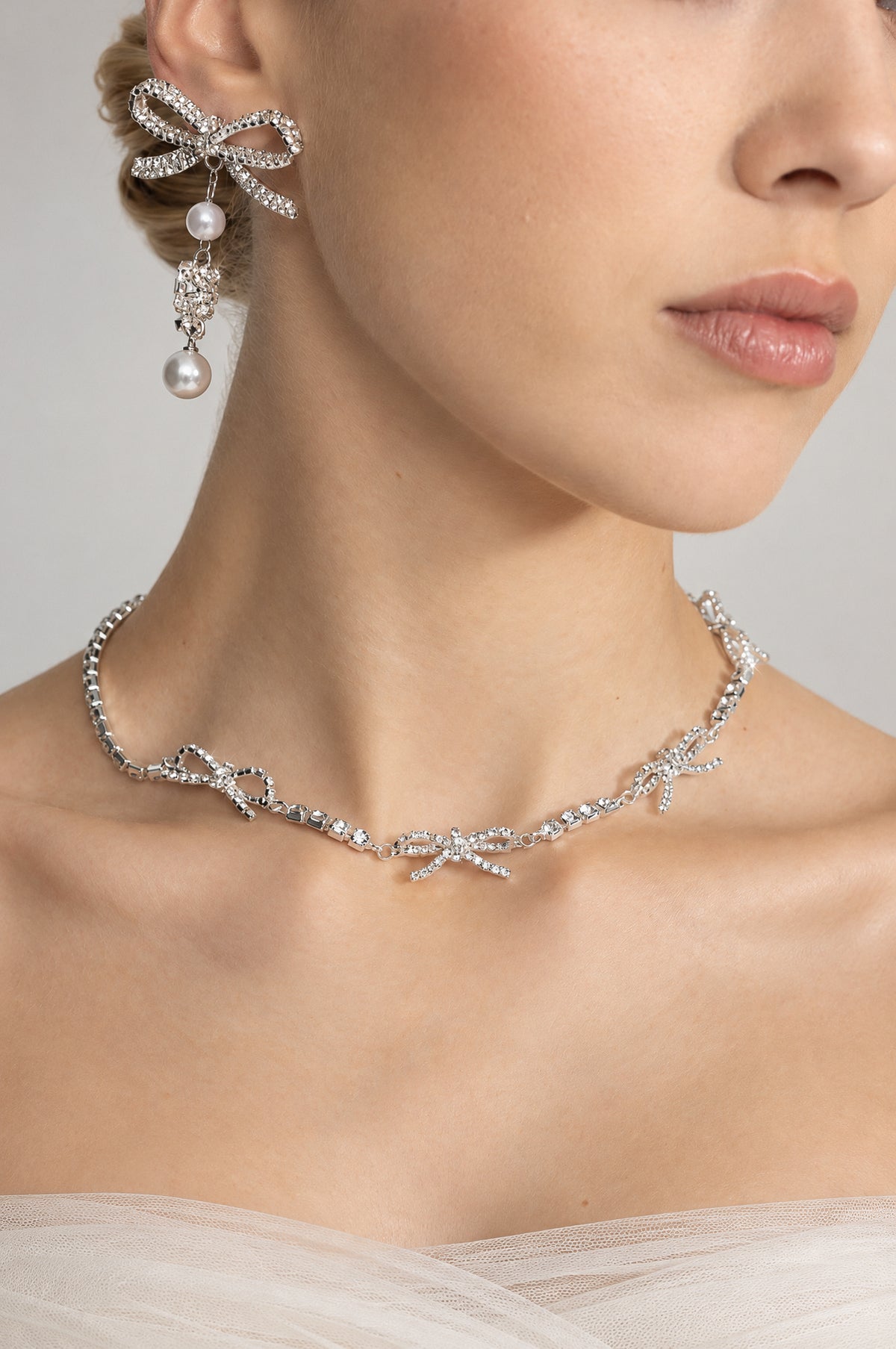 Set collana con fiocco di cristallo e orecchini pendenti con perle - Argento