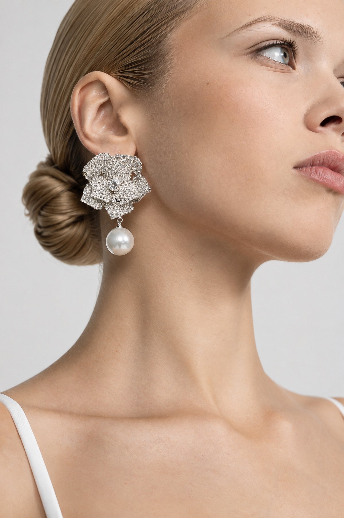 Crystal Camellia Pearl Drop Earrings - Silver