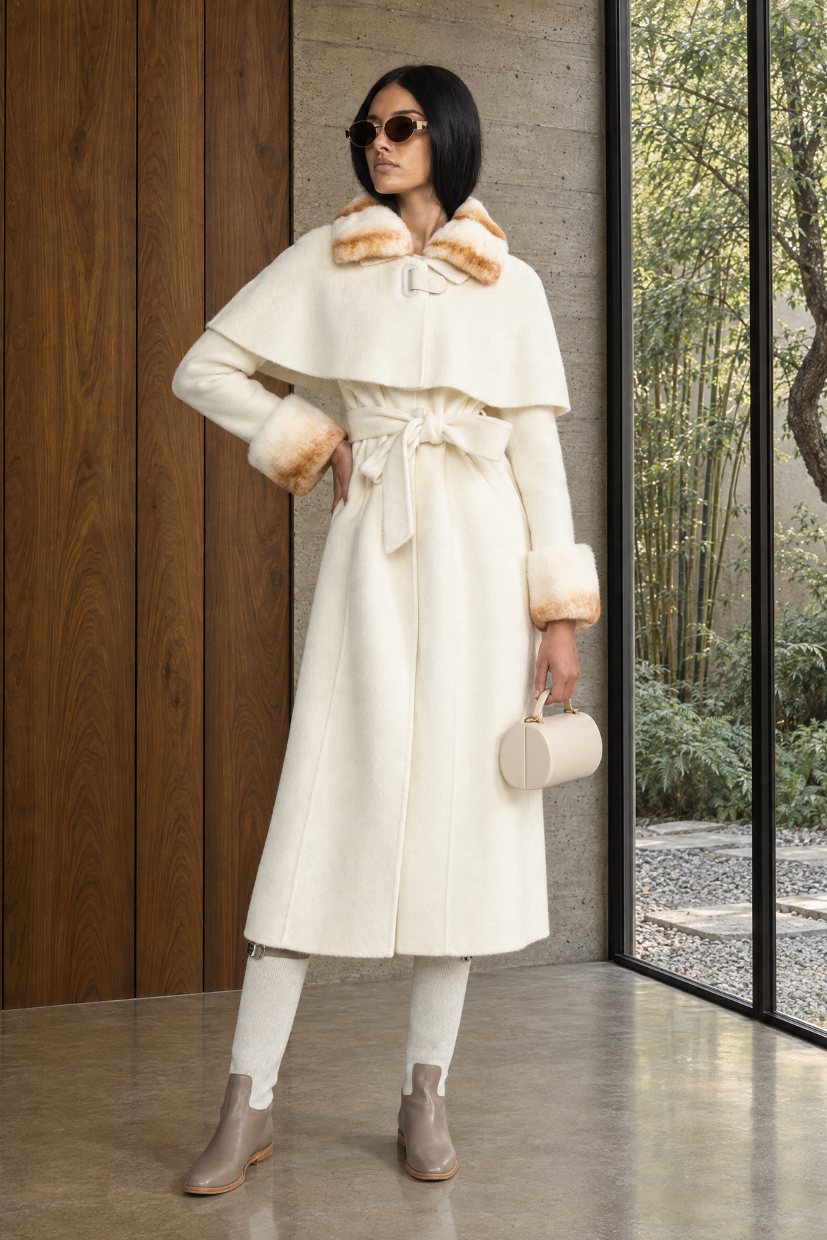 Rex Rabbit Fur Collar Capelet Wool Coat - Ivoire