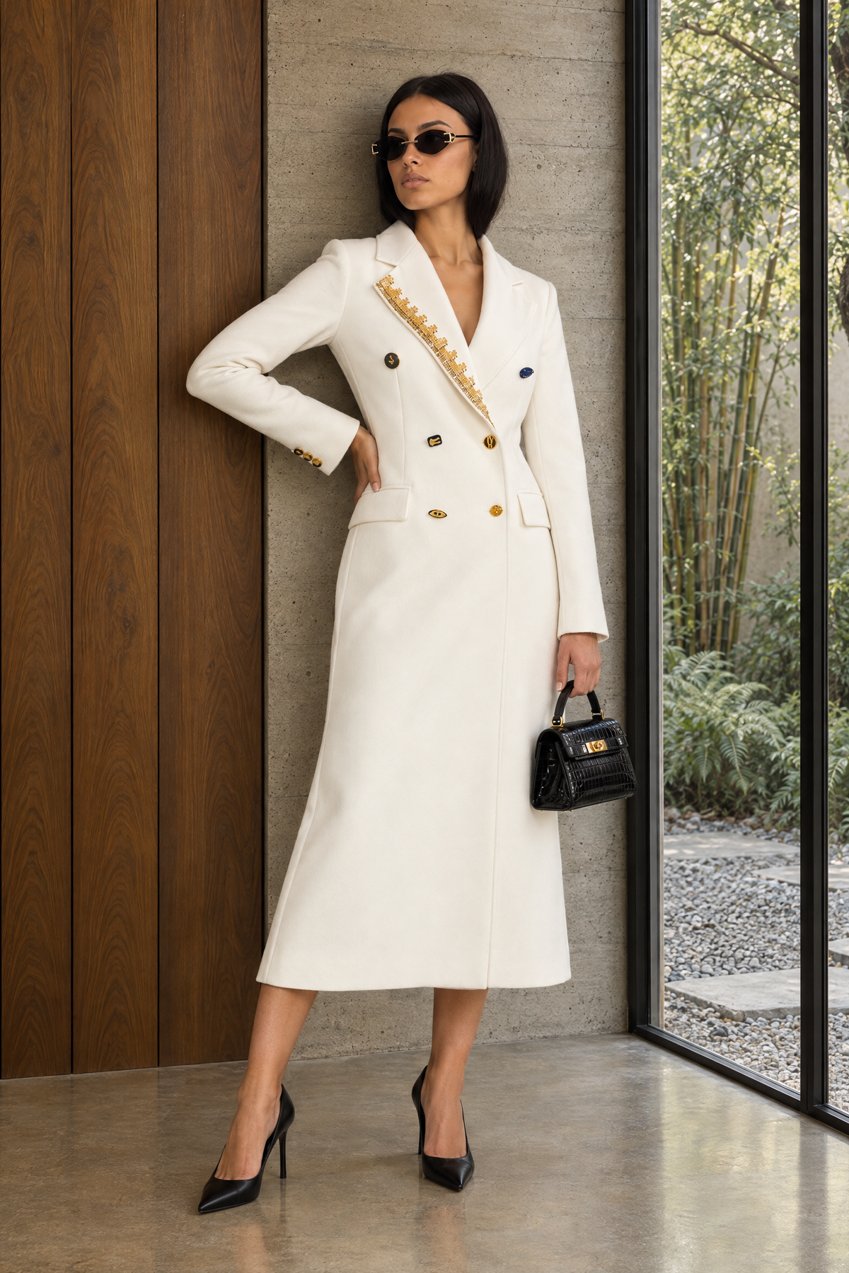 Embellished Lapel Double-Breasted Longline Coat - White