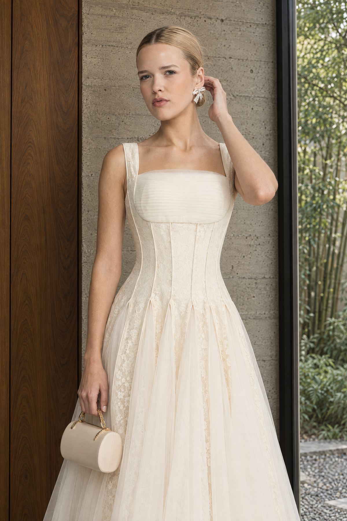 Lace Panel Corset Tulle Midi Dress - Ivoire