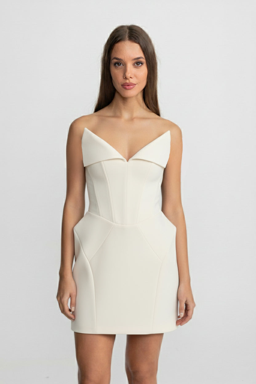 Structured Corset Mini Dress With Folded Collar-style Neckline – White