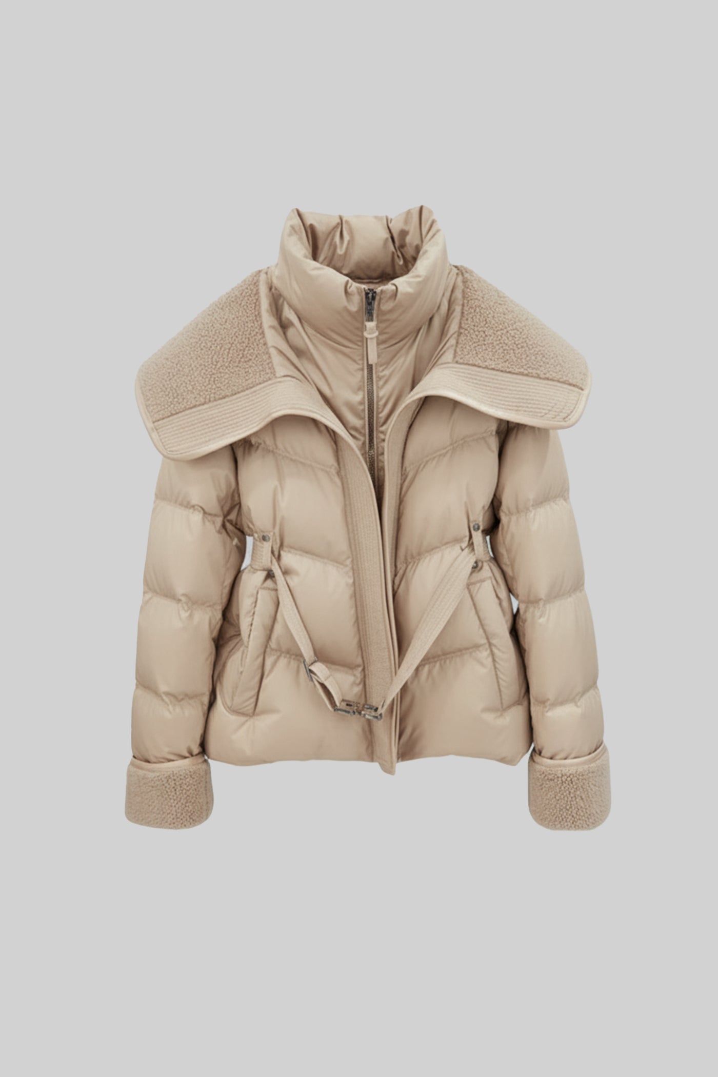Puffer Jacket with Oversized Shearling Collar And Cuffs - Beige