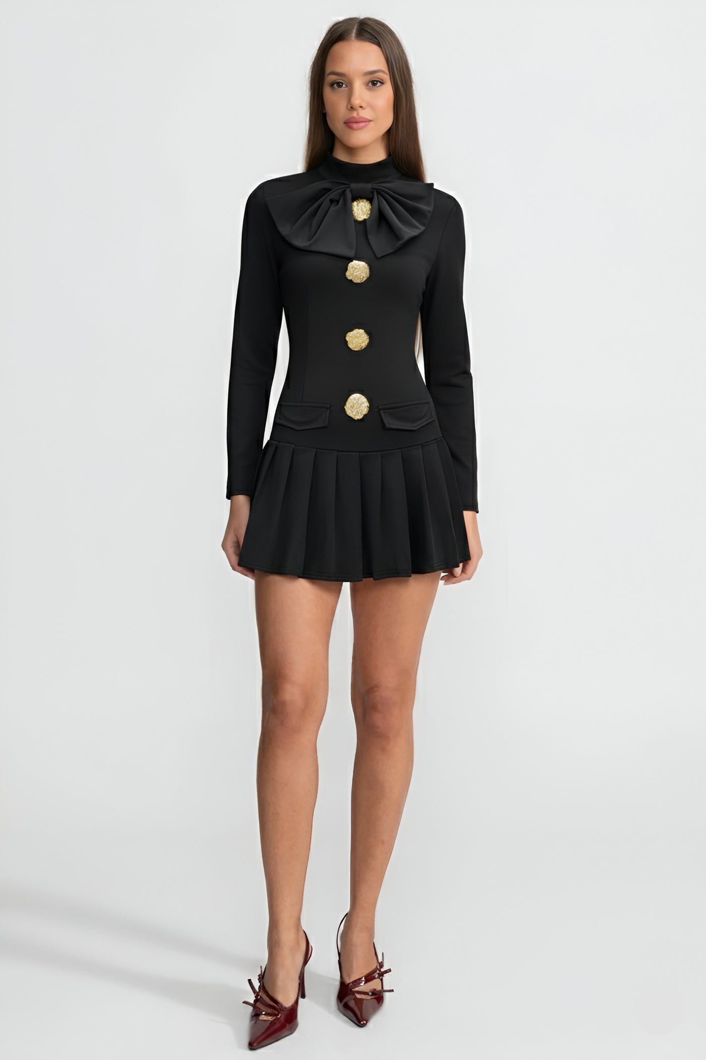 Bow-Neck Pleated Mini Dress with Gold Buttons – Black