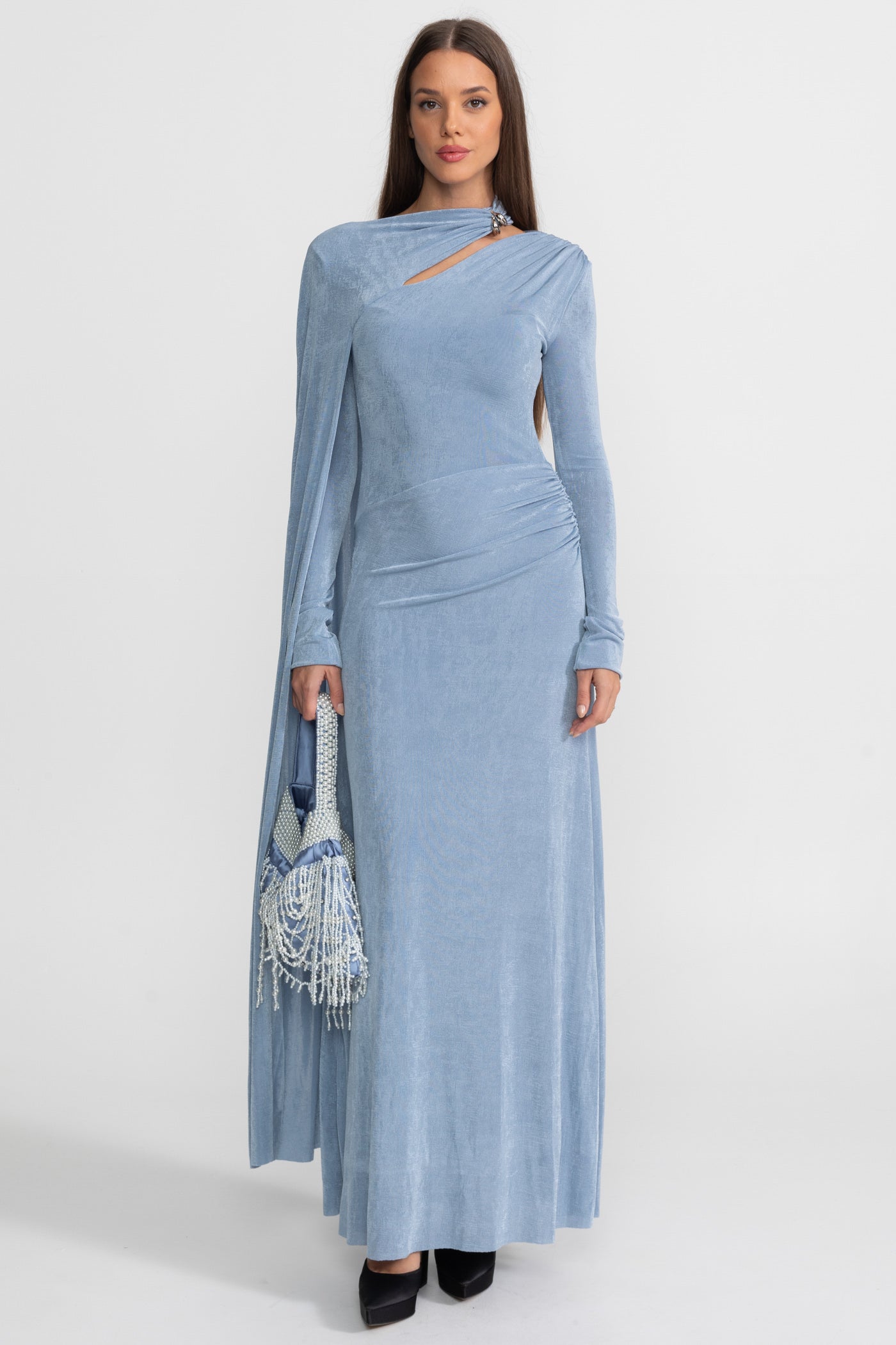 Elegant Draped Gown With Asymmetric Cutout – Blue