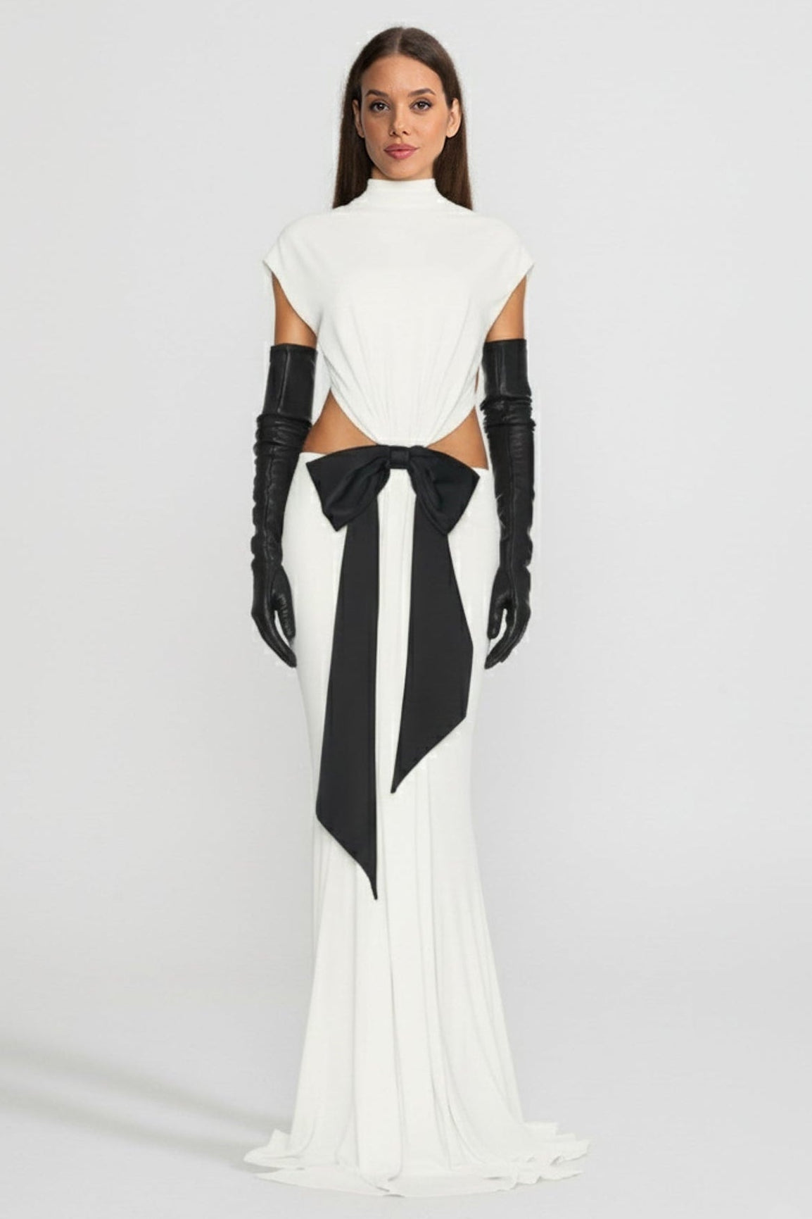 Open Back Draped Gown With Contrasting Bow Detail – White