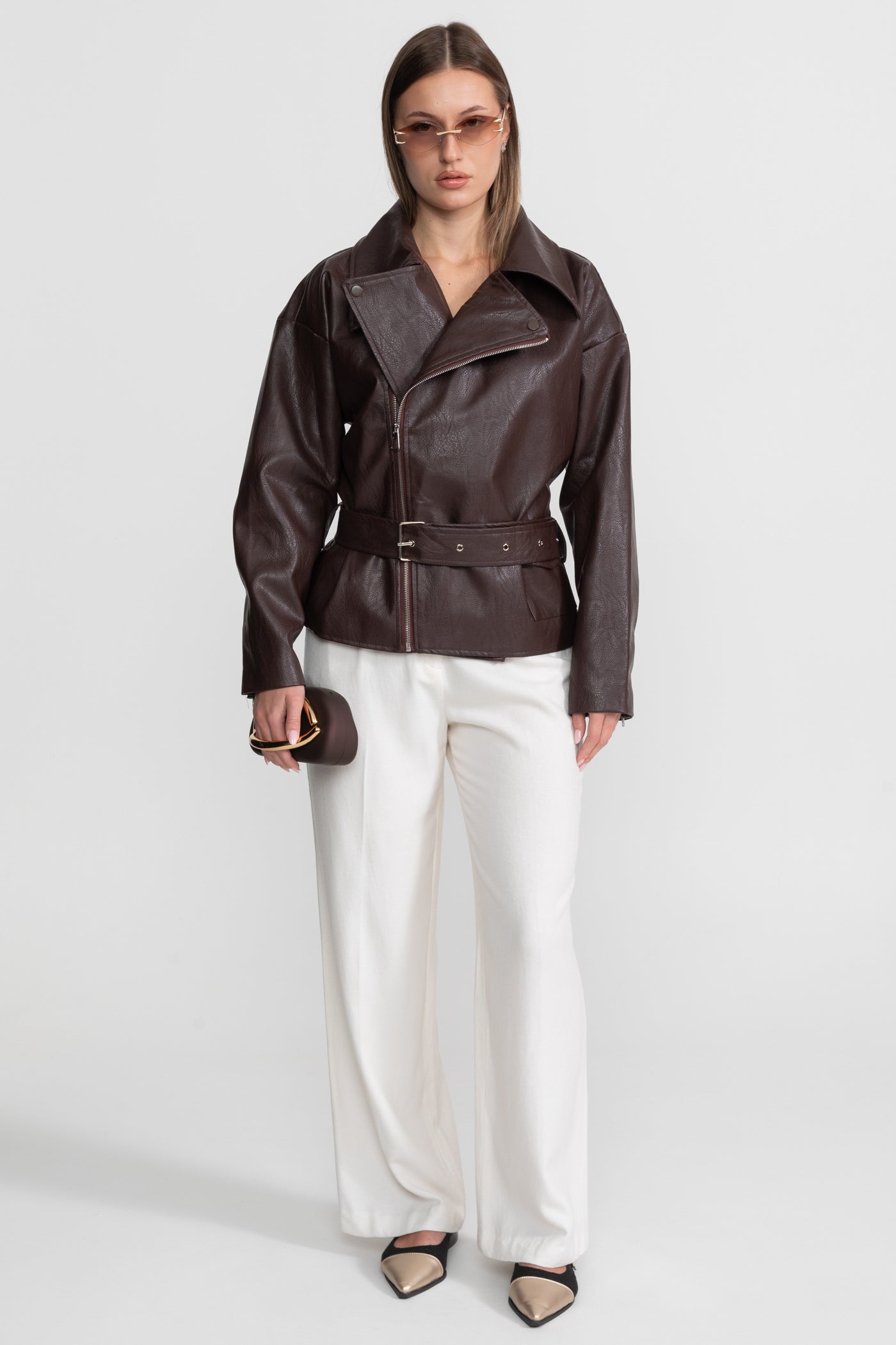 Giacca Biker Cinturata con Ampi Rever – Marrone Cioccolato