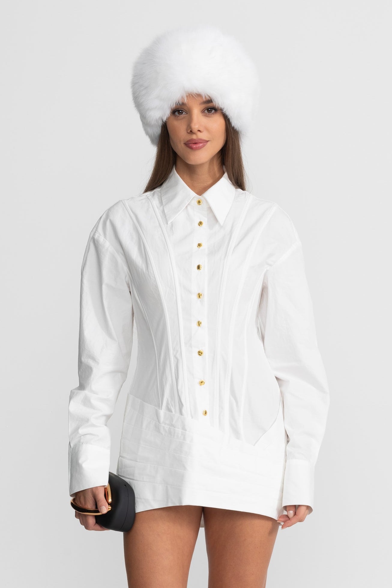 Structured Mini Dress With Gold Button Detailing – White