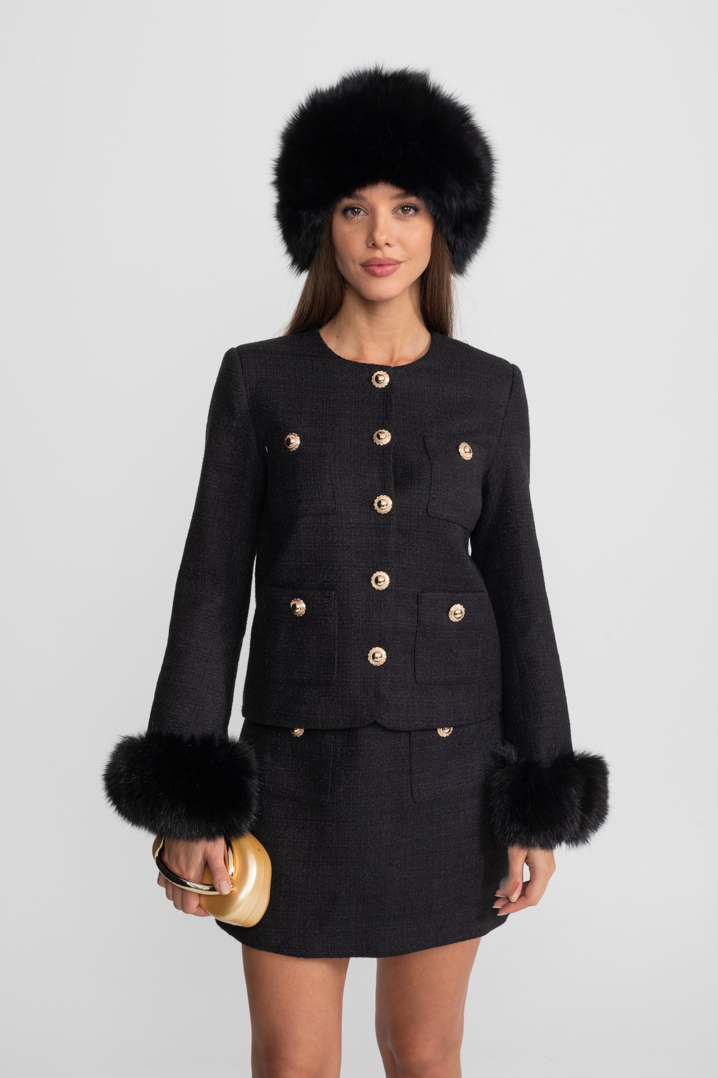 Minigonna in Tweed con Bottoni Dorati – Nero