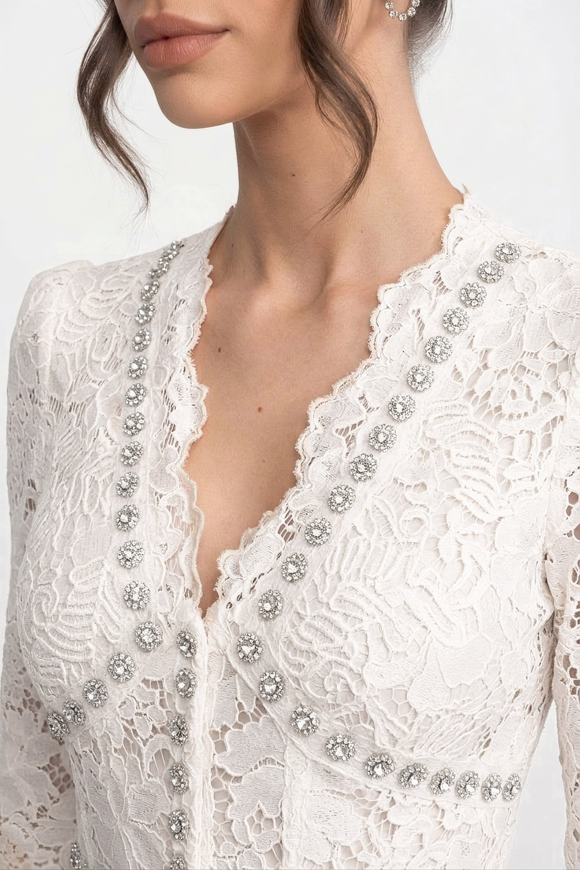 Lace Midi Dress With Crystal V-Neckline And Ruched Front Detail - Ivoire