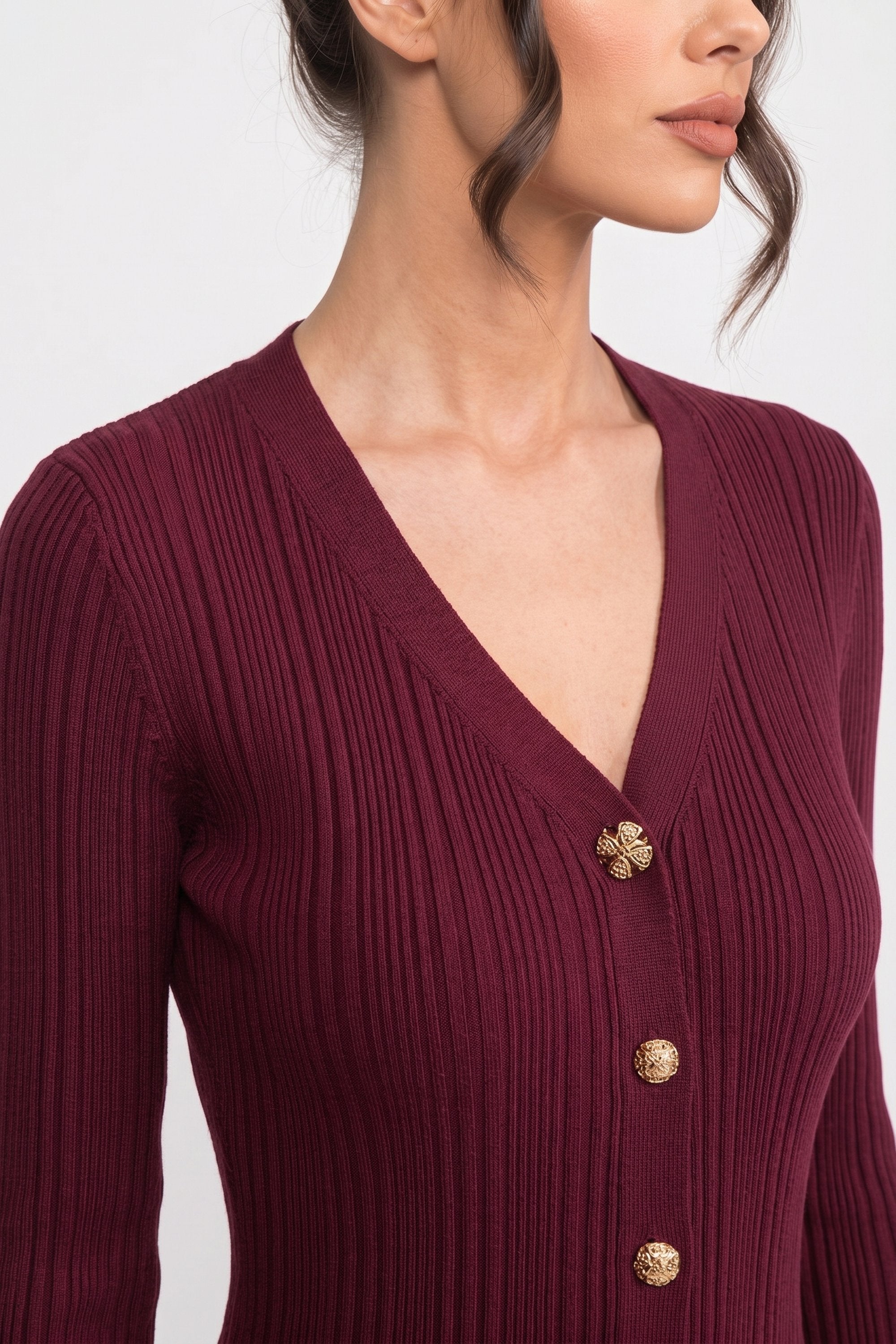 V-Neck Button-Front Ribbed Knit Maxi Dress With Ruffle Cuffs - Burgundy